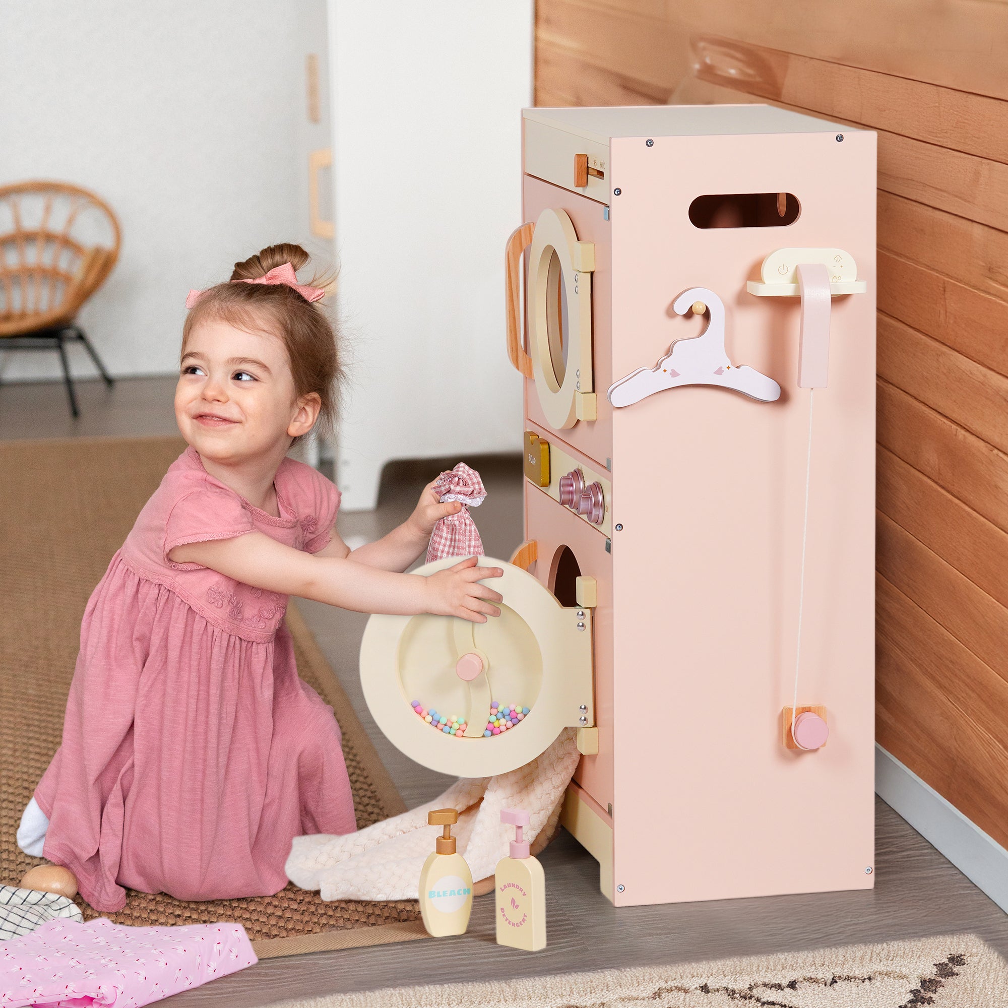 Wooden Pink Washing Machine with Dryer