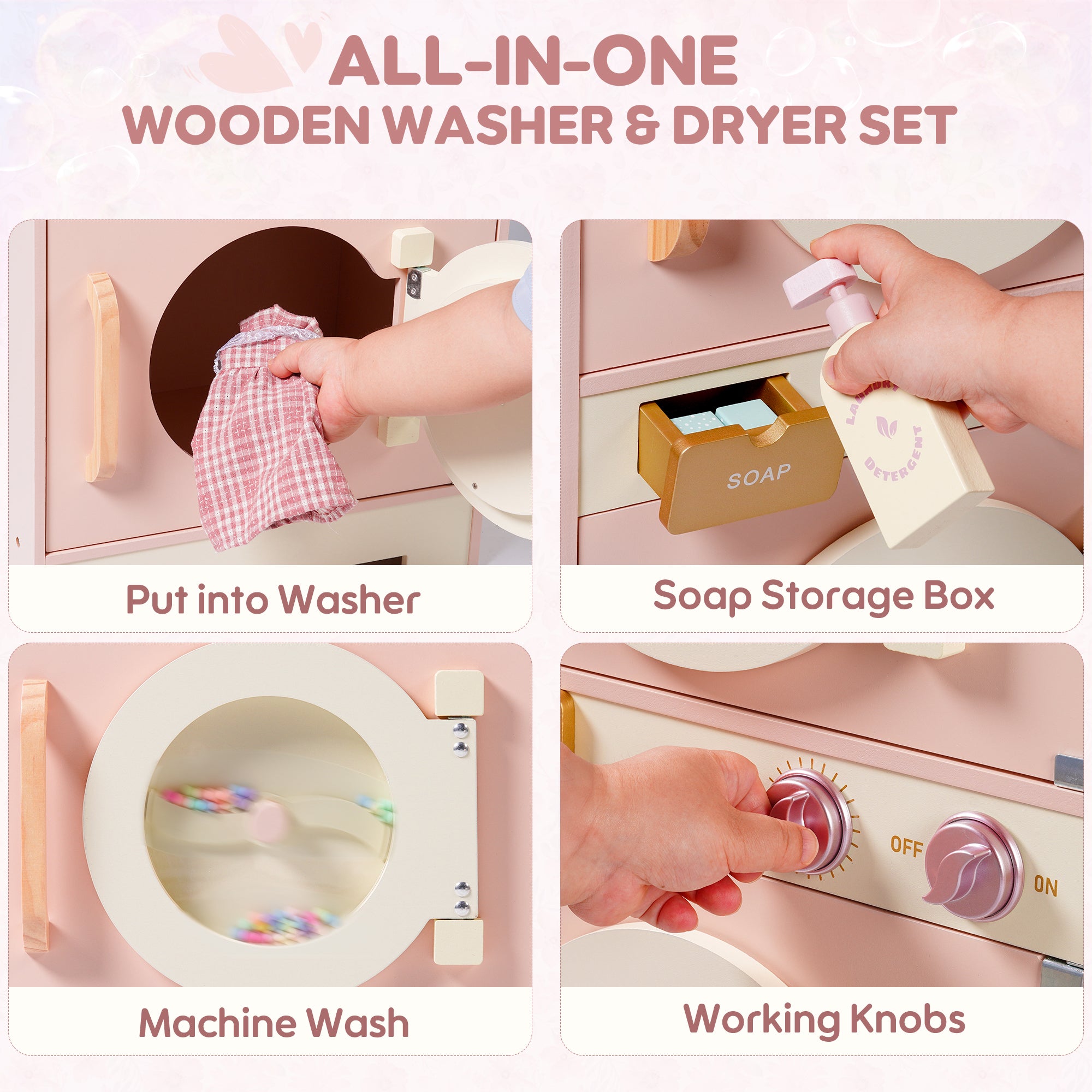 Wooden Pink Washing Machine with Dryer