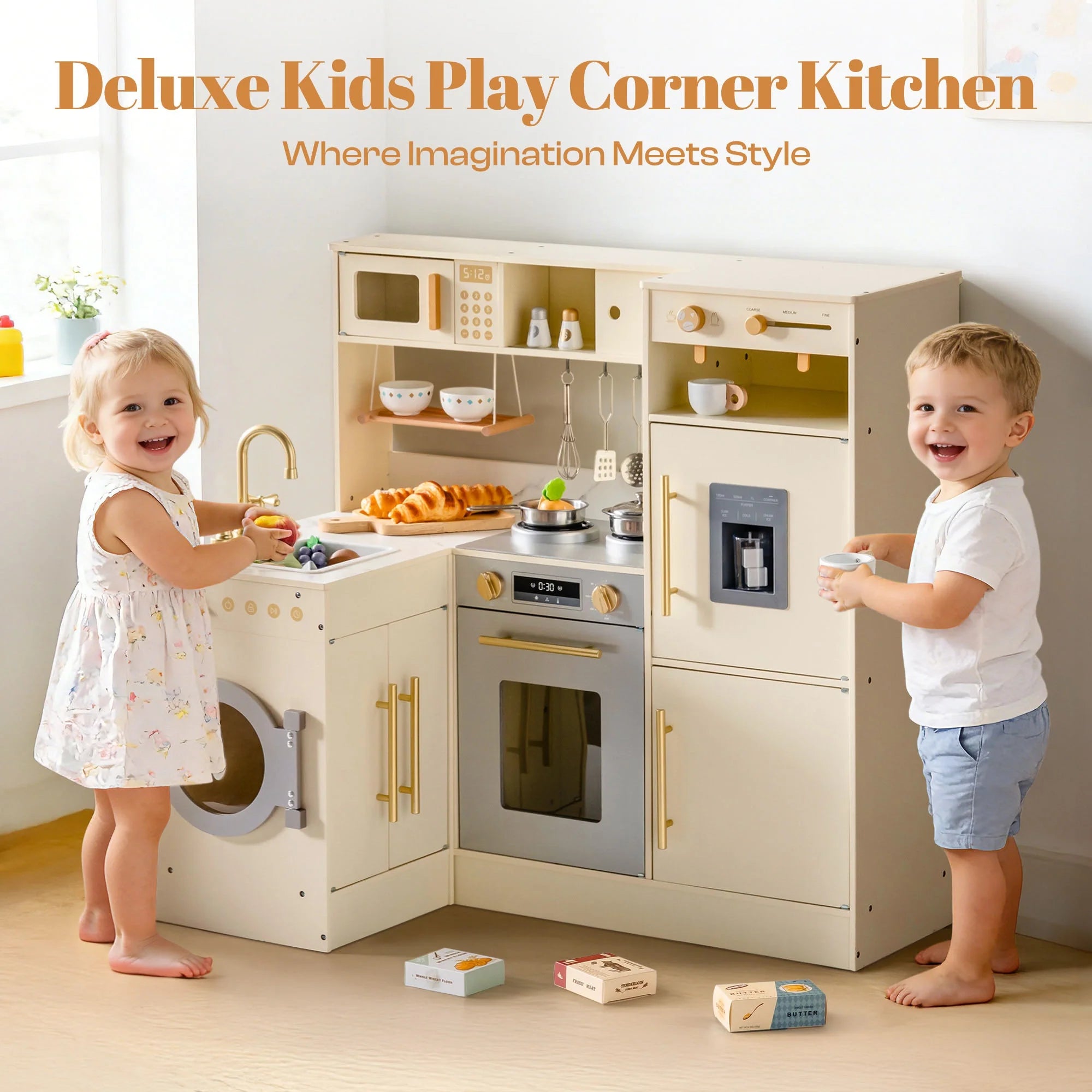 2-in-1 Wooden Corner Play Kitchen Set for Kids