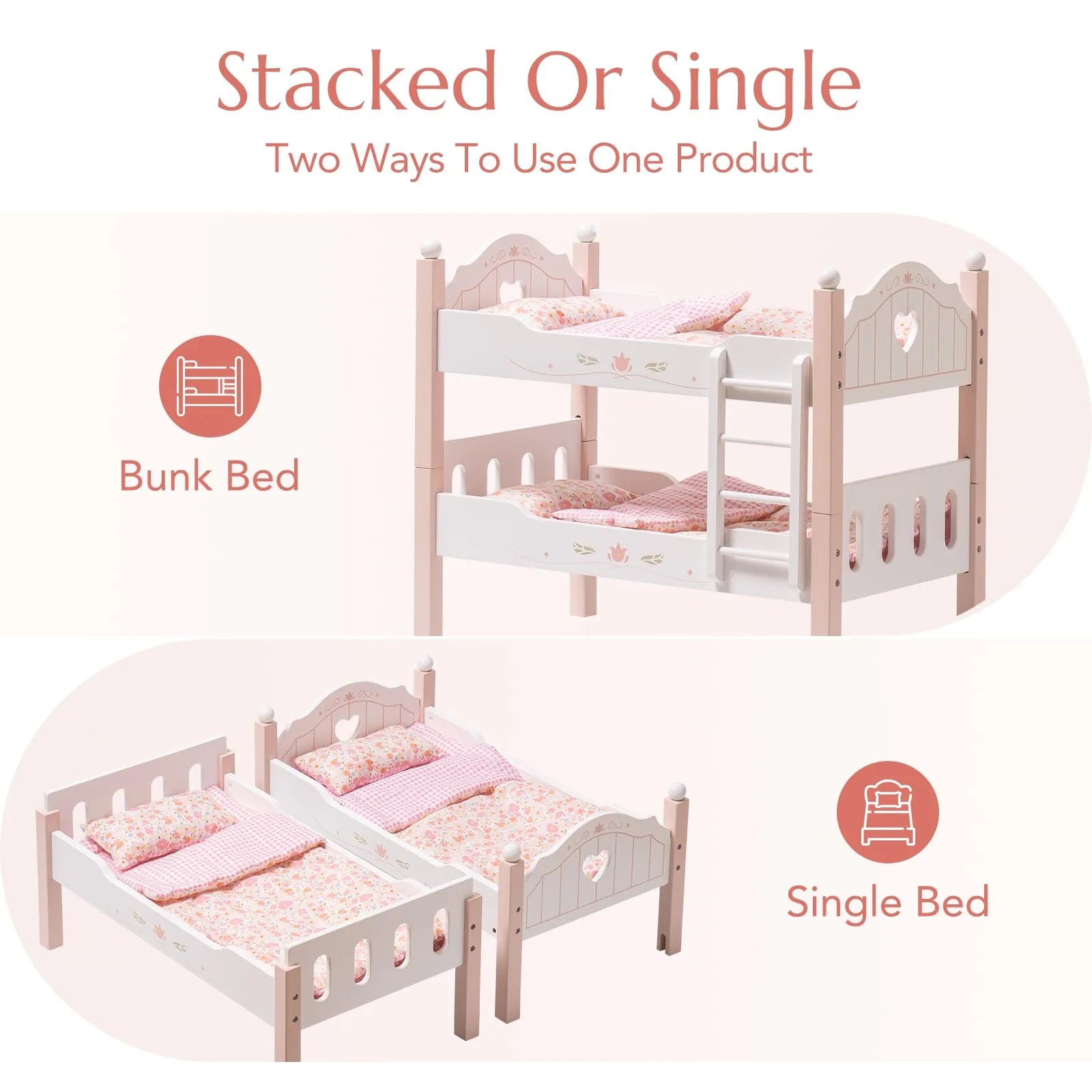 Puppenbett aus Holz – Rosa mit Bettwäsche