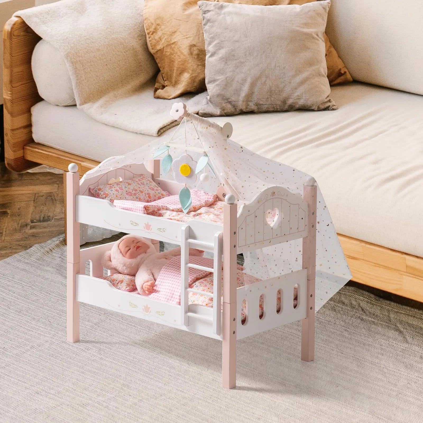 Puppenbett aus Holz – Rosa mit Bettwäsche