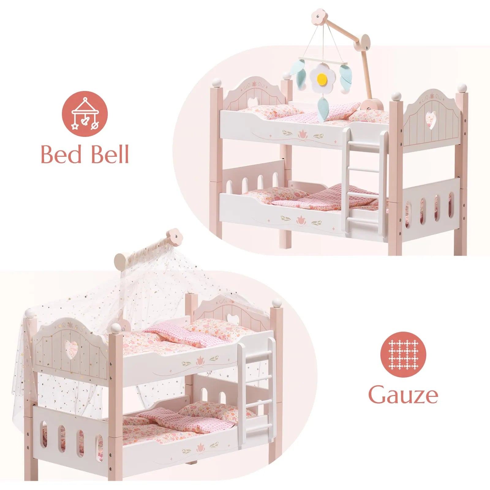 Puppenbett aus Holz – Rosa mit Bettwäsche