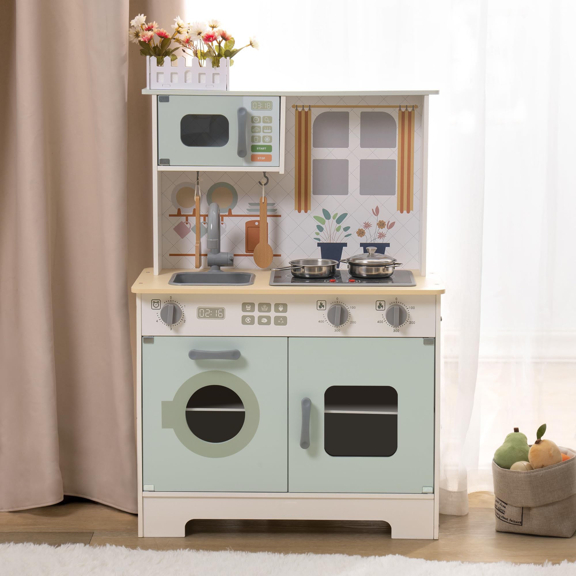 Green Wooden Play Kitchen – Lights, Sounds Storage