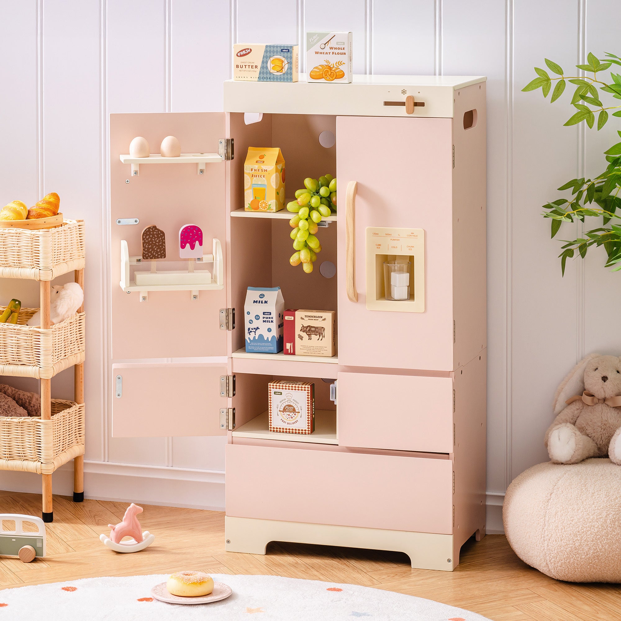 Wooden Pink Toy Refrigerator for Kids