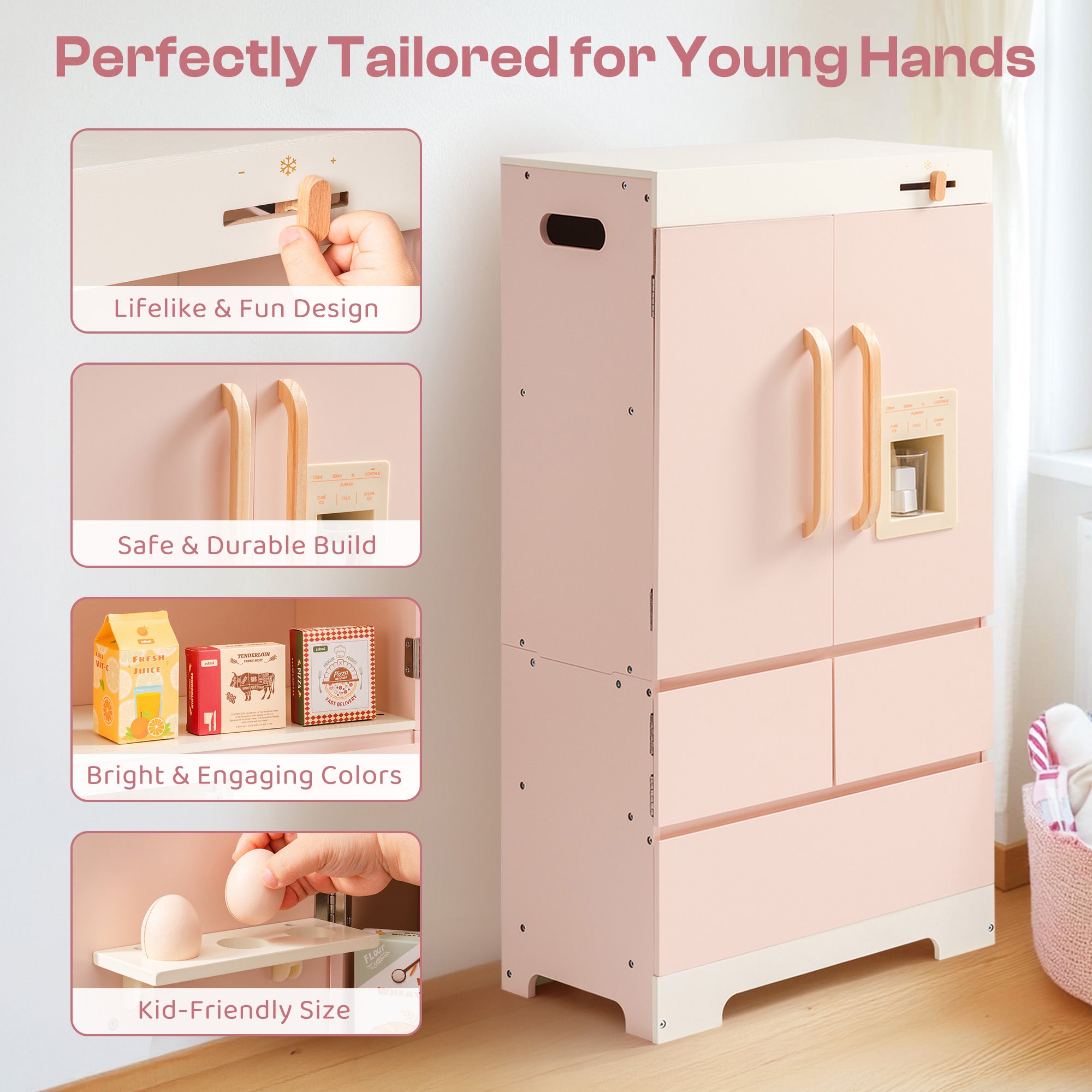 Wooden Pink Toy Refrigerator for Kids