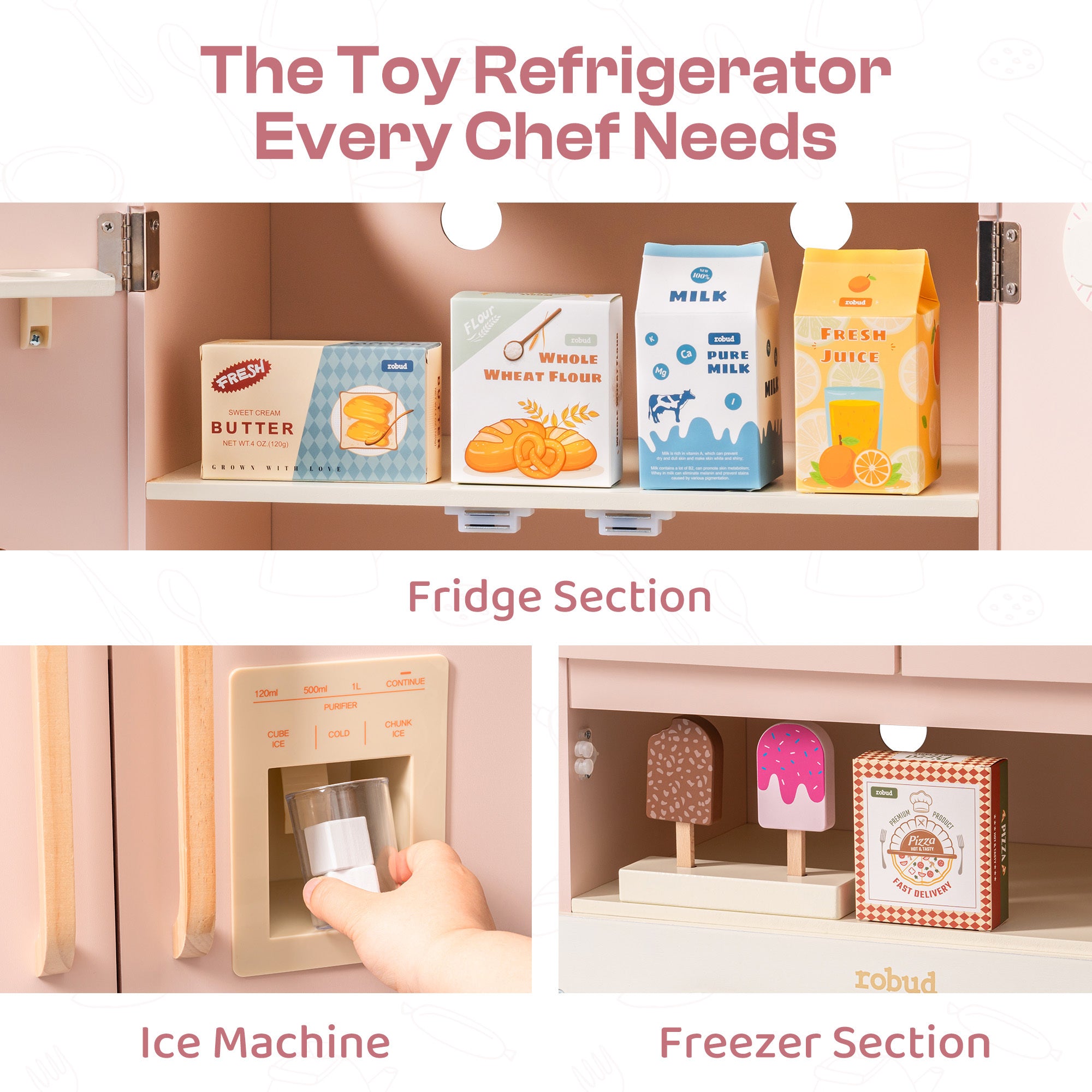 Wooden Pink Toy Refrigerator for Kids