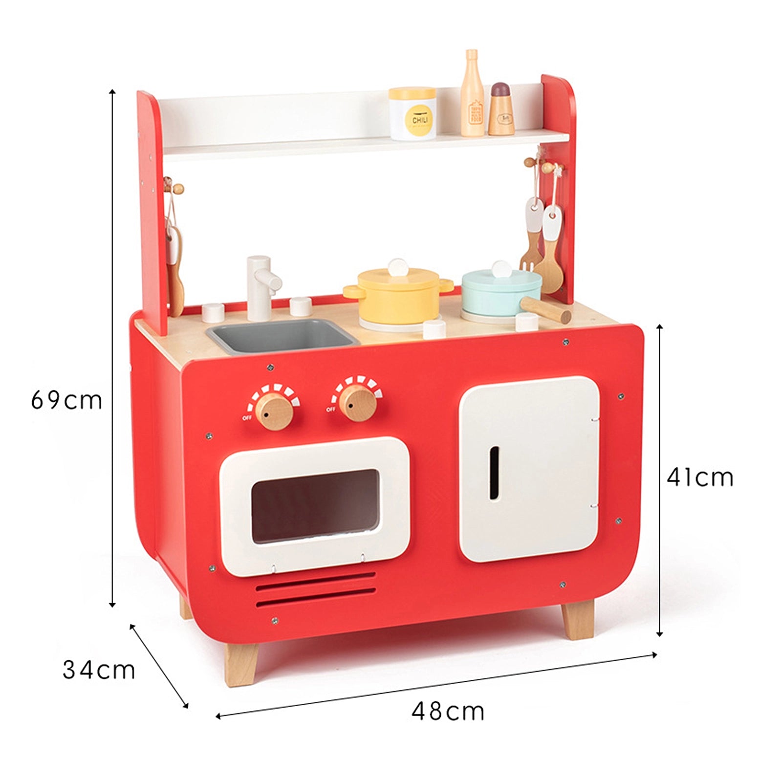 Red Wooden Double-Sided Play Kitchen Set - Lunamoa