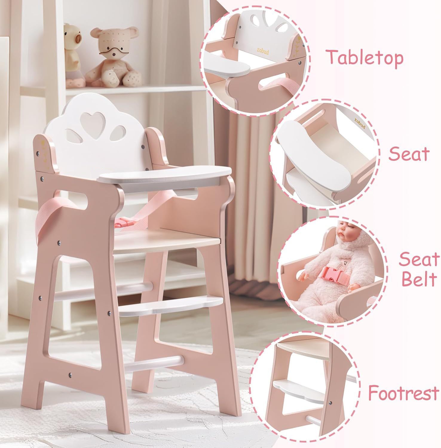 Chaise haute en bois pour poupée Lunamoa