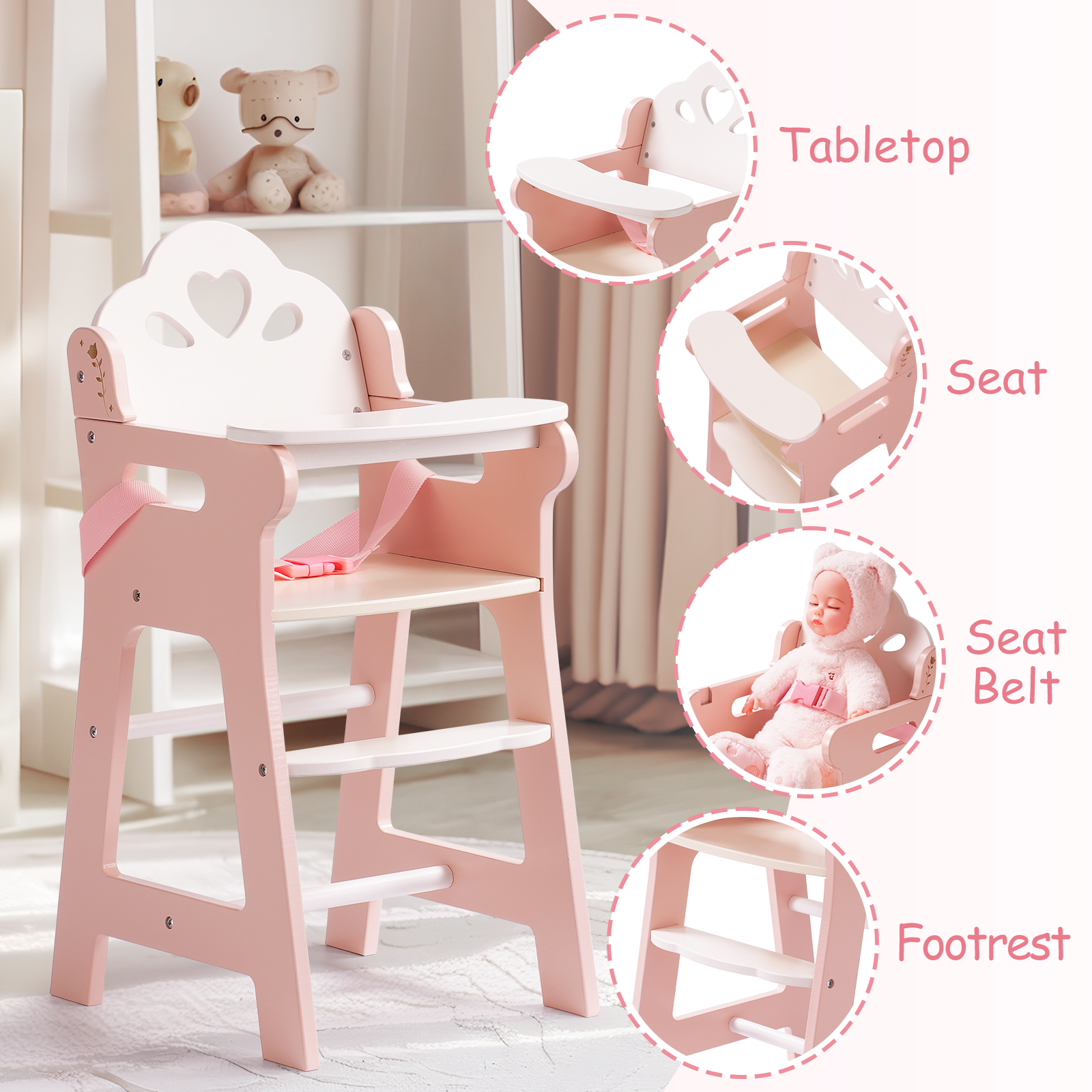 Chaise haute en bois pour poupée Lunamoa