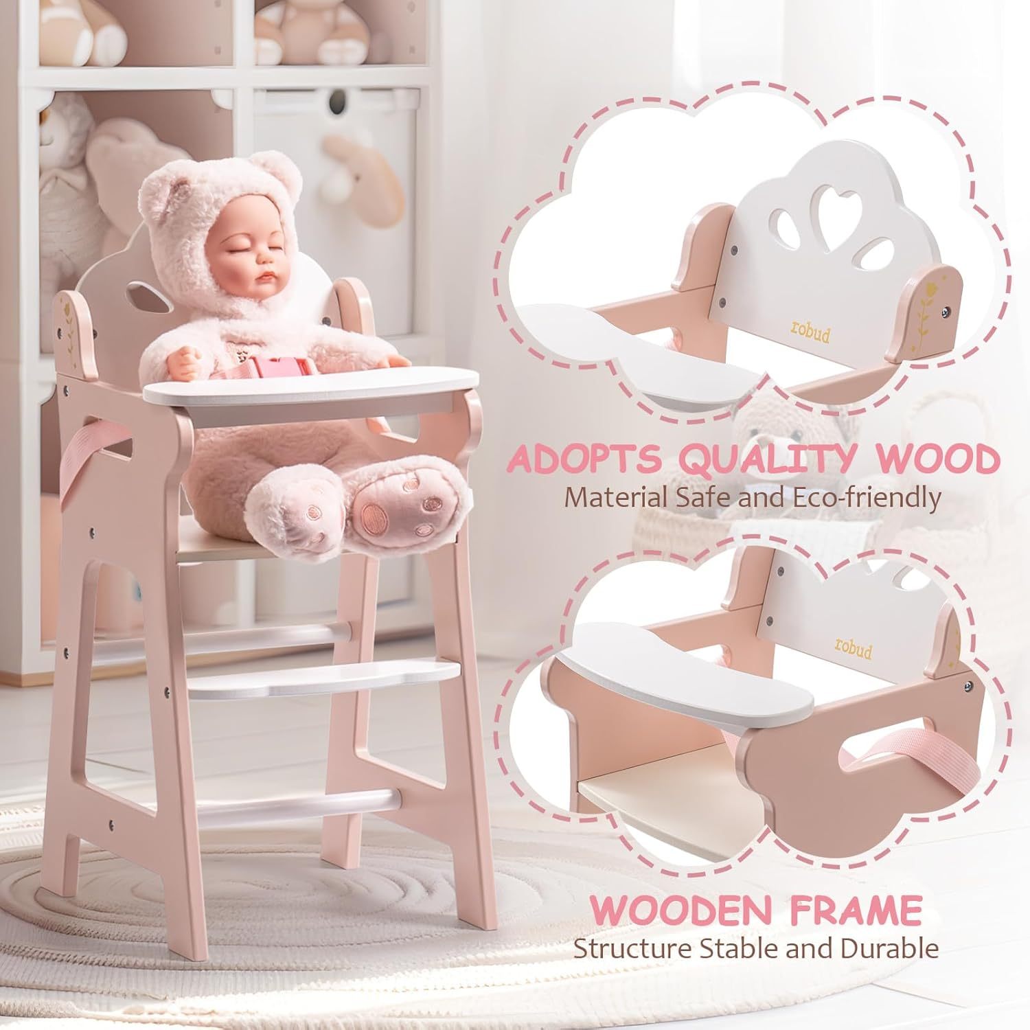 Chaise haute en bois pour poupée Lunamoa