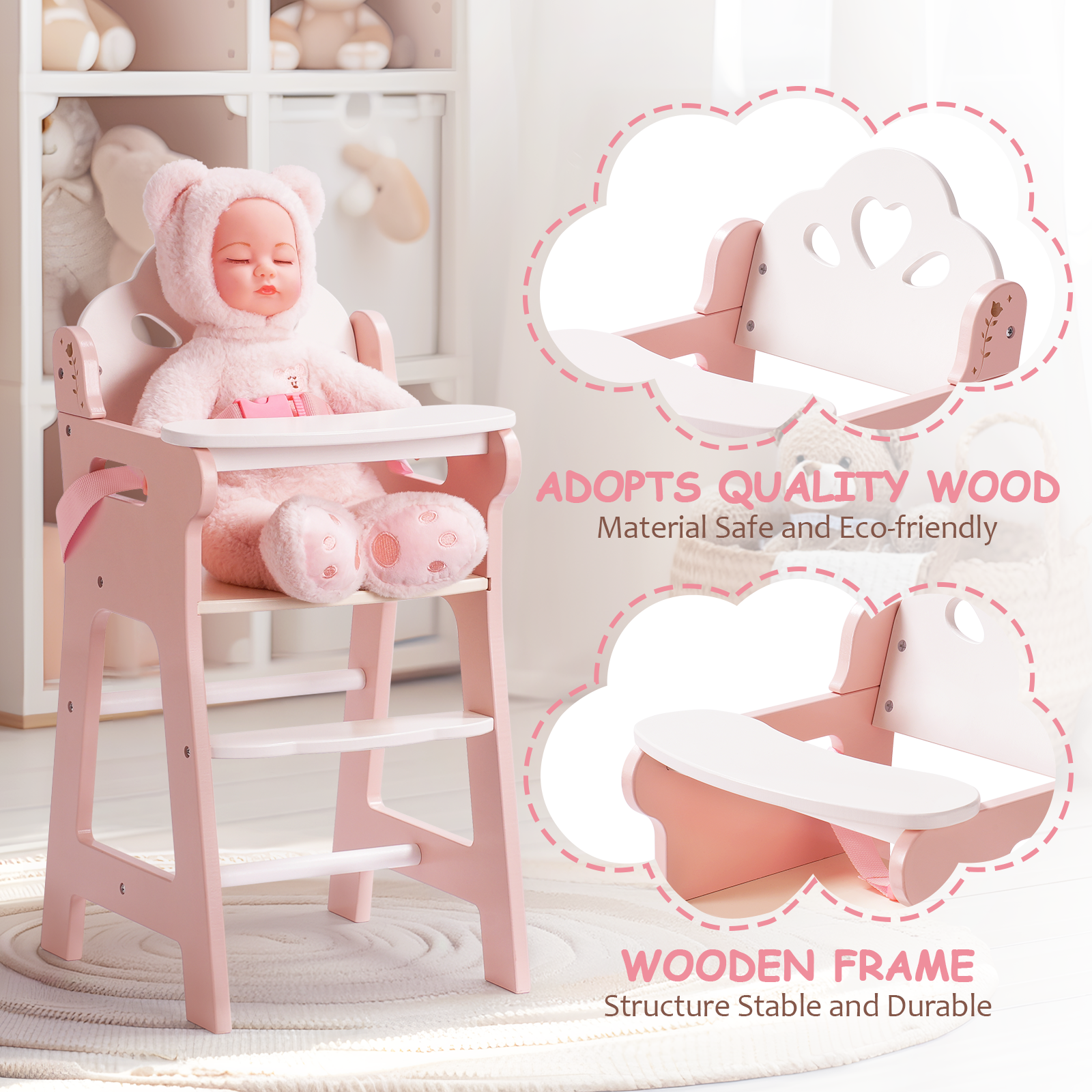 Chaise haute en bois pour poupée Lunamoa