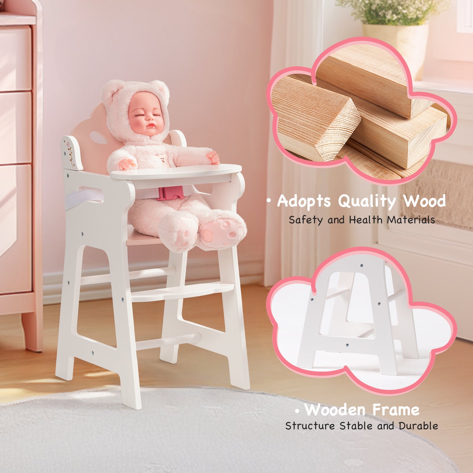 Chaise haute en bois pour poupée Lunamoa