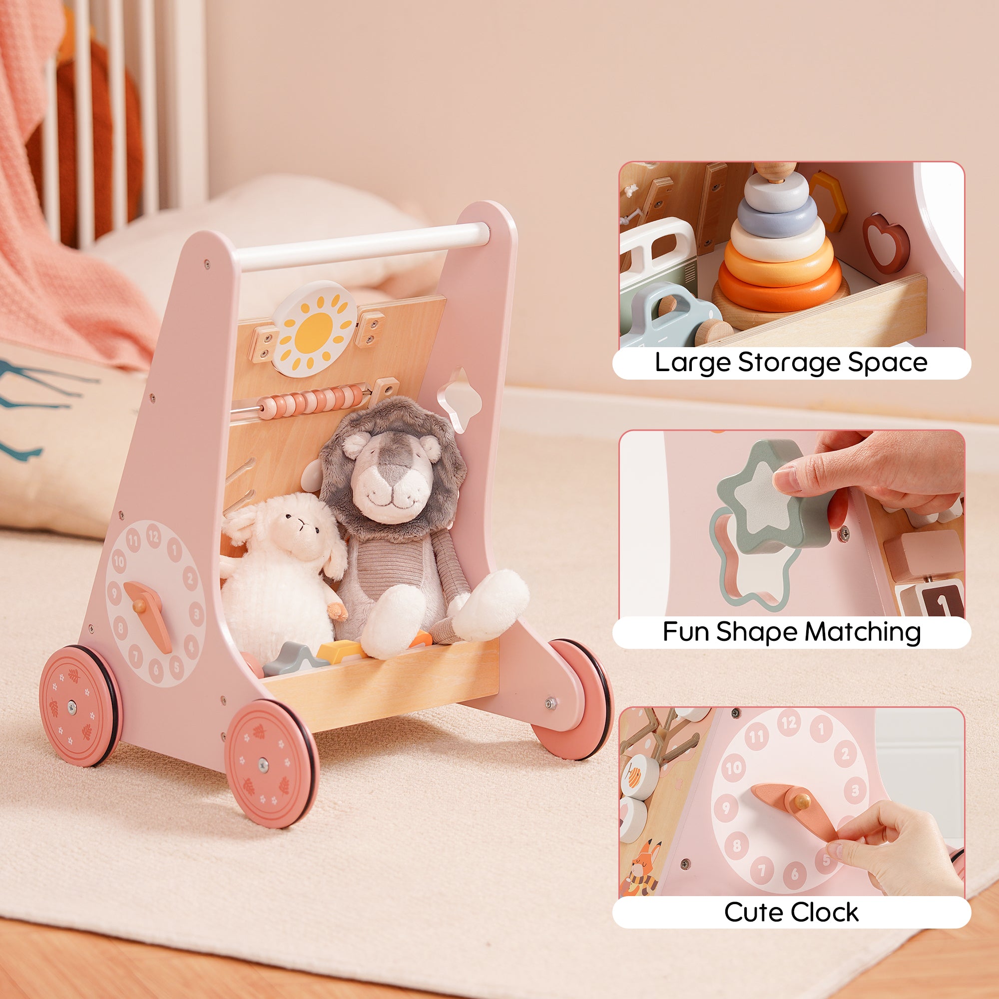 Trotteur en bois rose pour bébé
