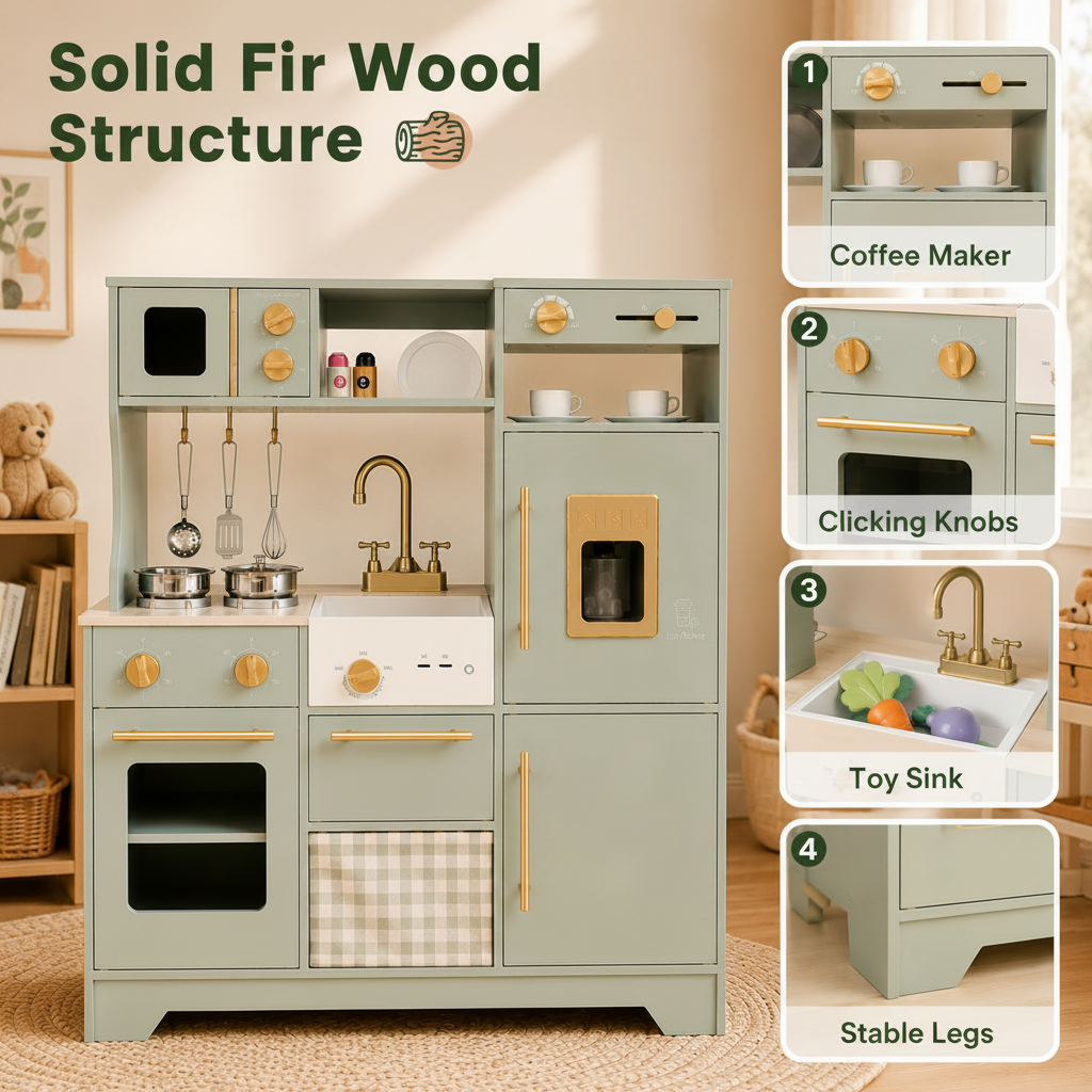 Wooden Play Kitchen Set – Sage Green with Accessories