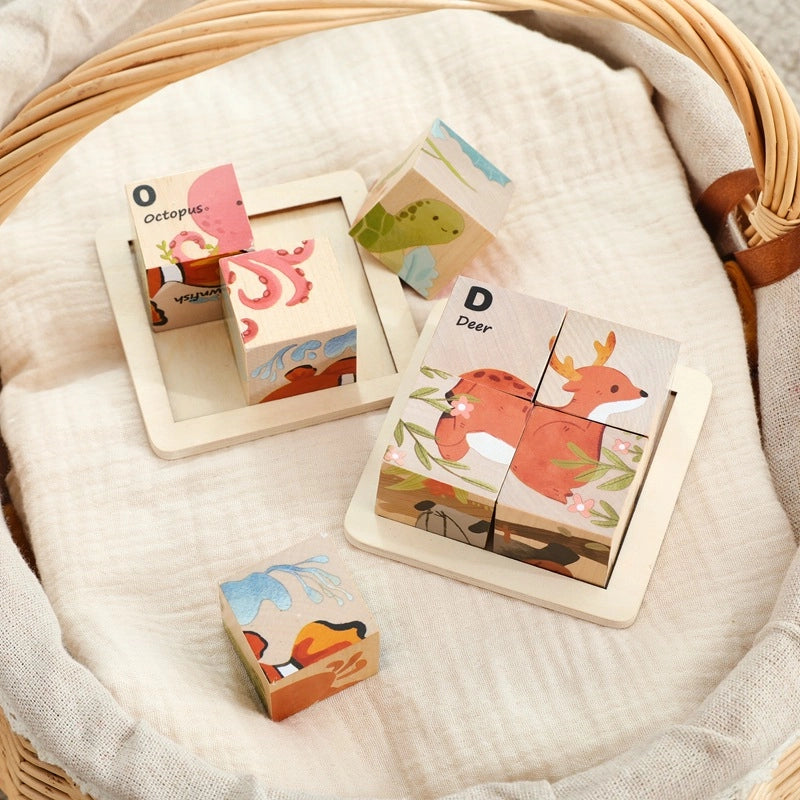 Wooden Animal Puzzle for Toddlers 1-3 – Montessori Cube Learning Toy