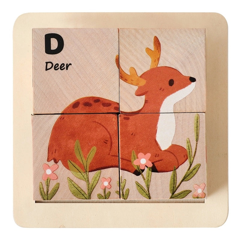 Puzzlebrett aus Holz mit Tierwürfeln