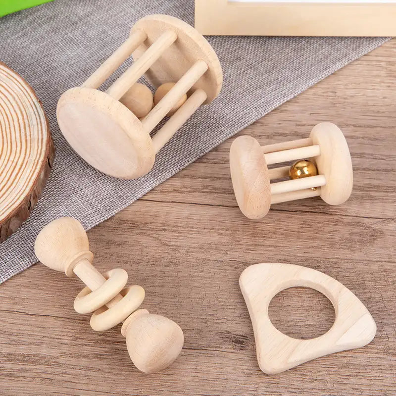 Natural Wooden Baby Rattle Set – Montessori Sensory Toy for Infants