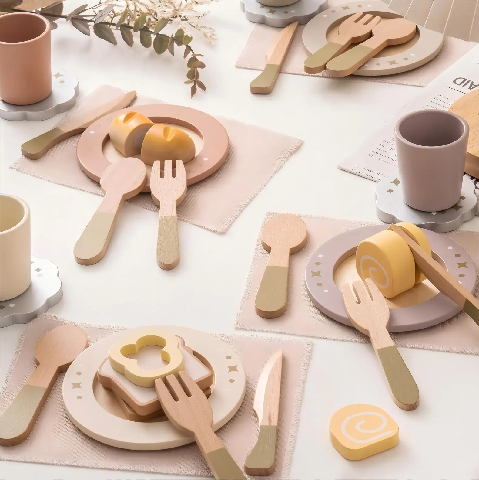 Wooden Dish Set – Play Kitchen Toy for Toddlers - Lunamoa