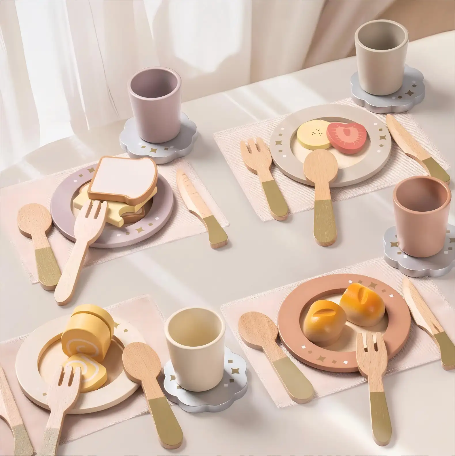 Wooden Dish Set – Play Kitchen Toy for Toddlers - Lunamoa