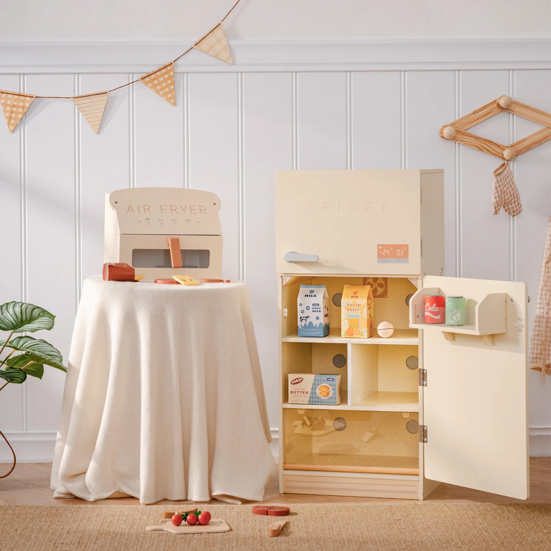 Creamy Wooden Kids Play Kitchen Fridge