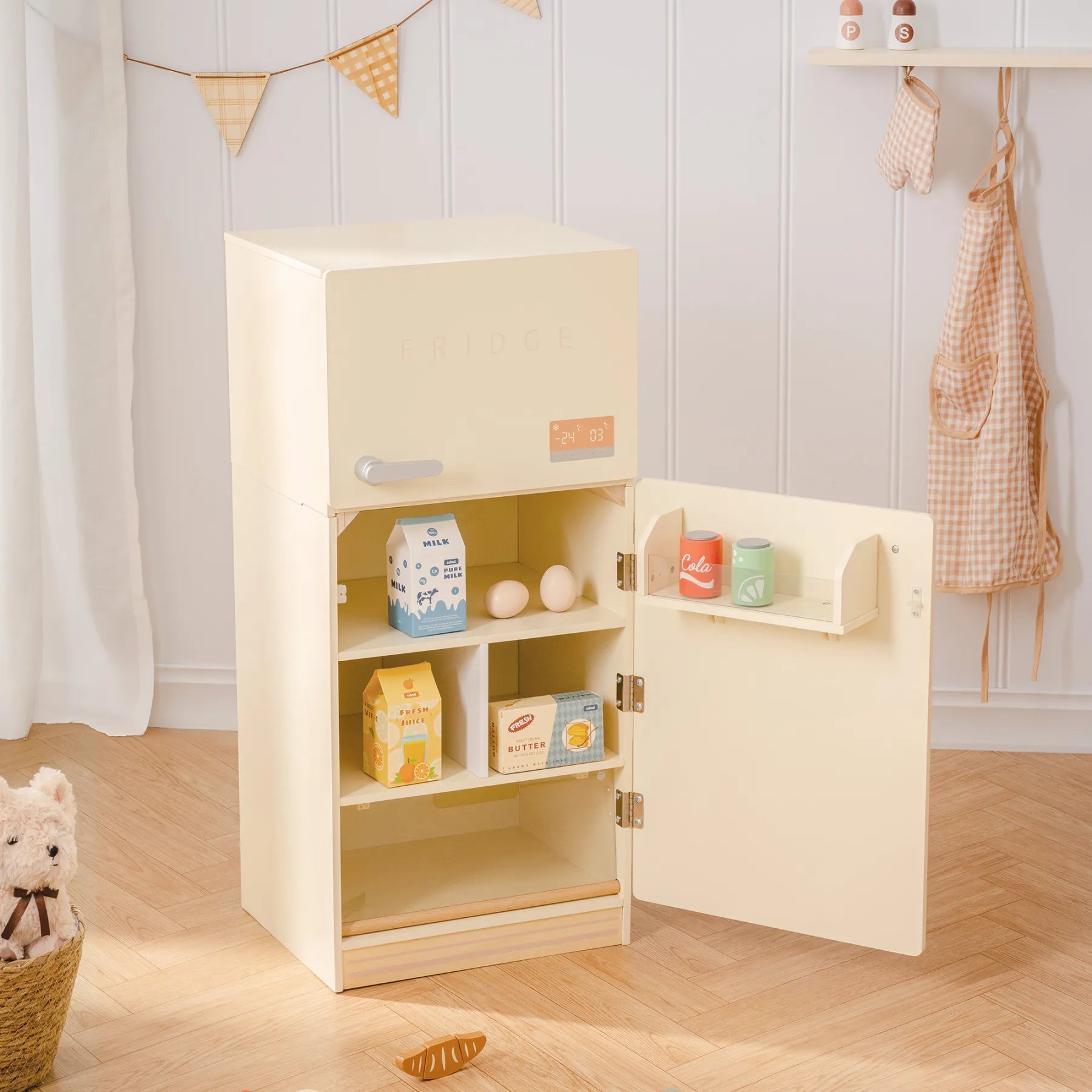 Creamy Wooden Kids Play Kitchen Fridge