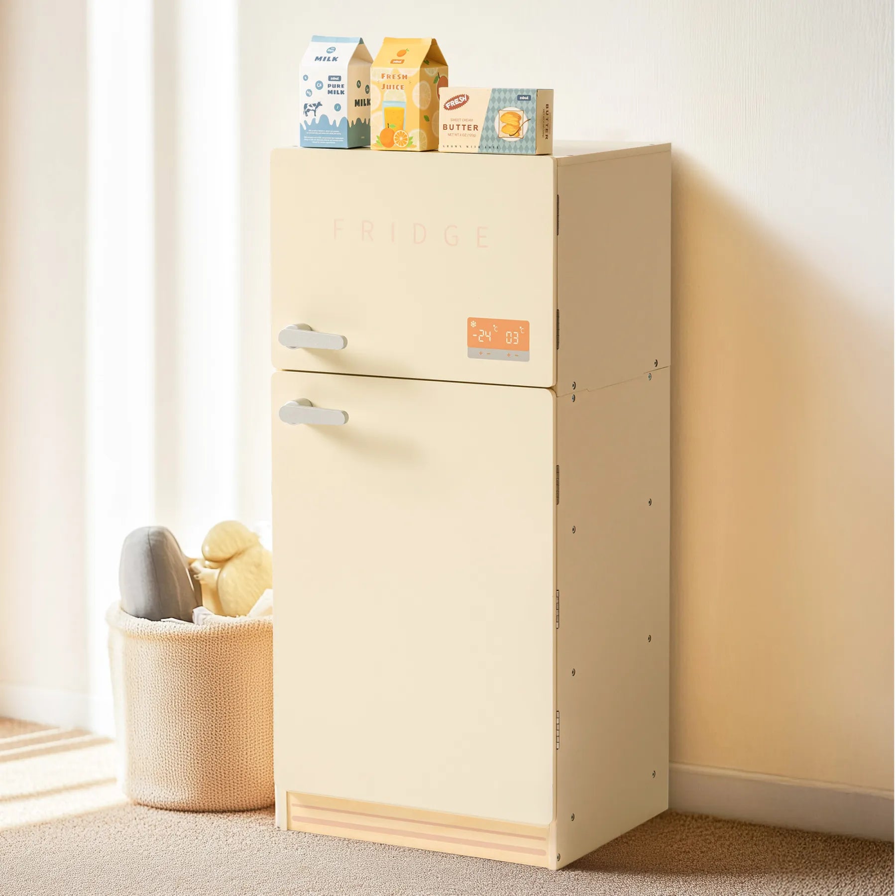 Creamy Wooden Kids Play Kitchen Fridge