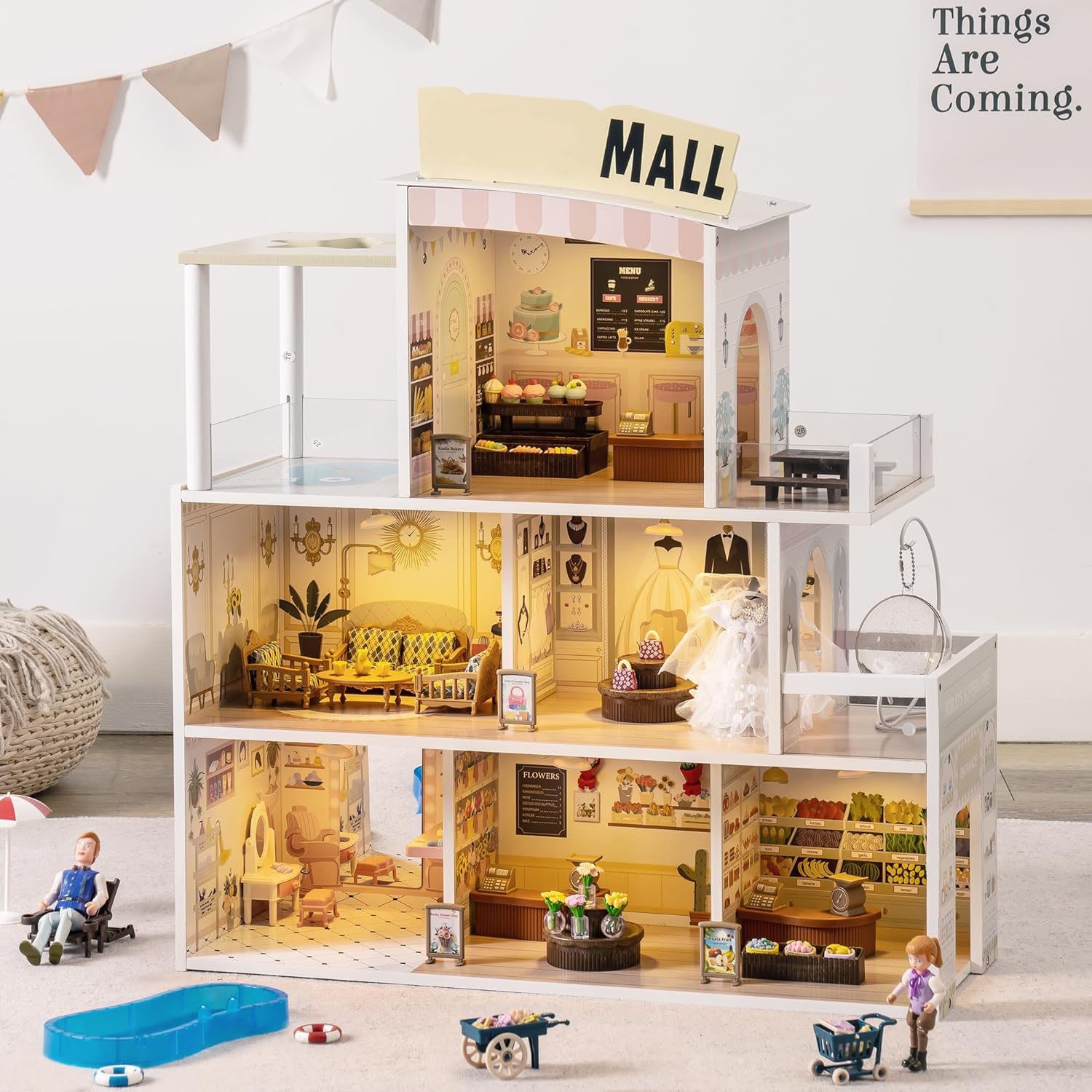 Maison de poupée en bois avec centre commercial pour enfants