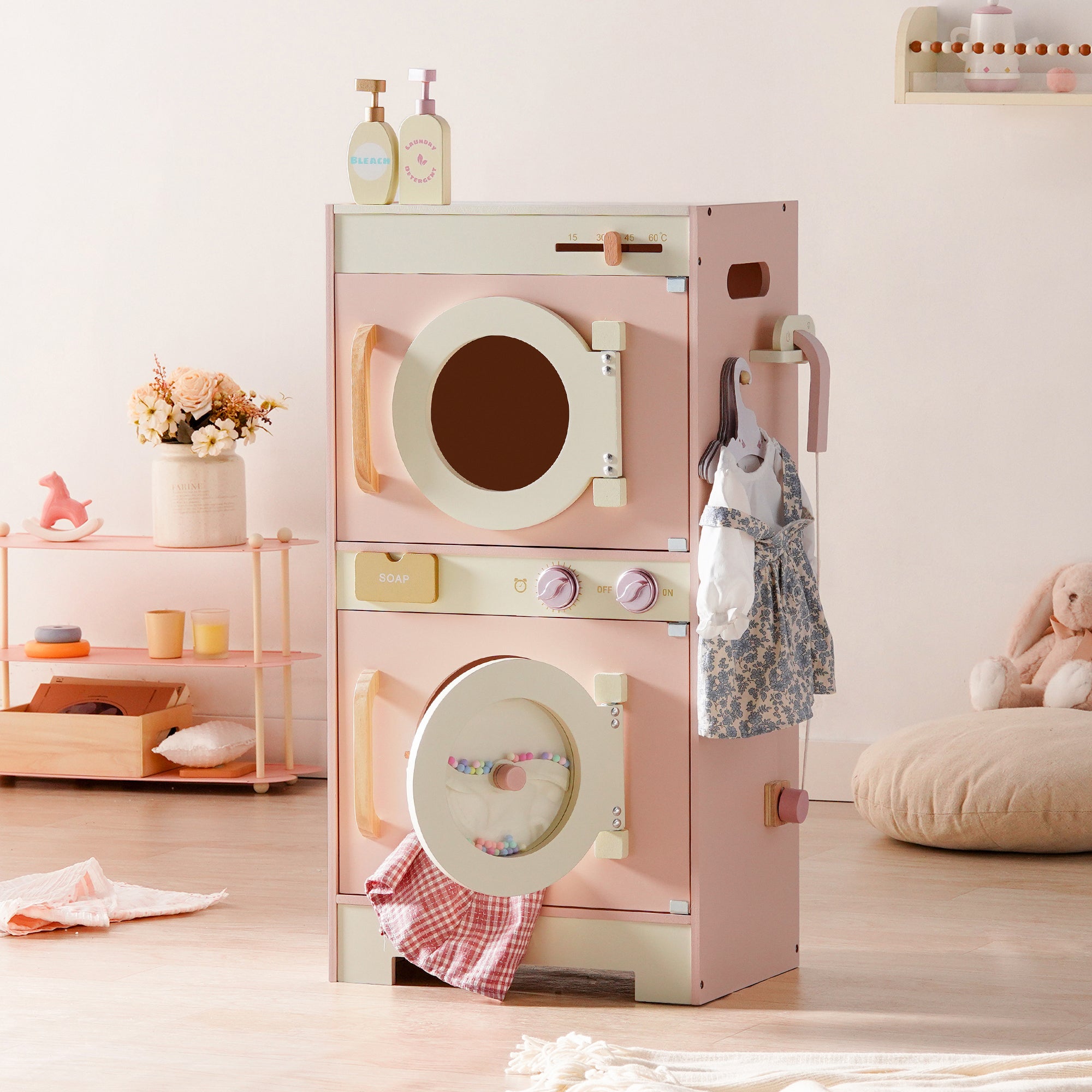 Wooden Pink Washing Machine with Dryer