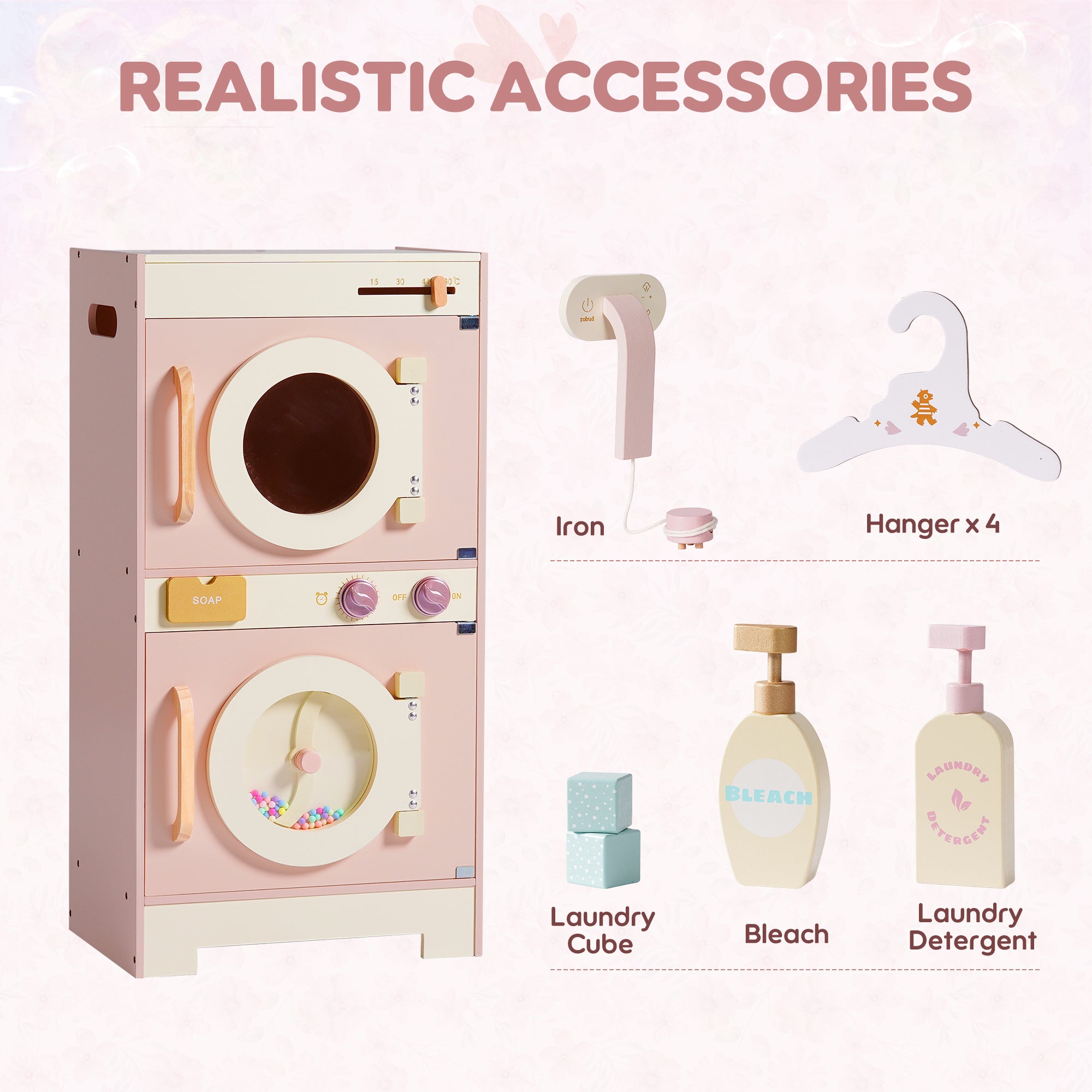 Wooden Pink Washing Machine with Dryer