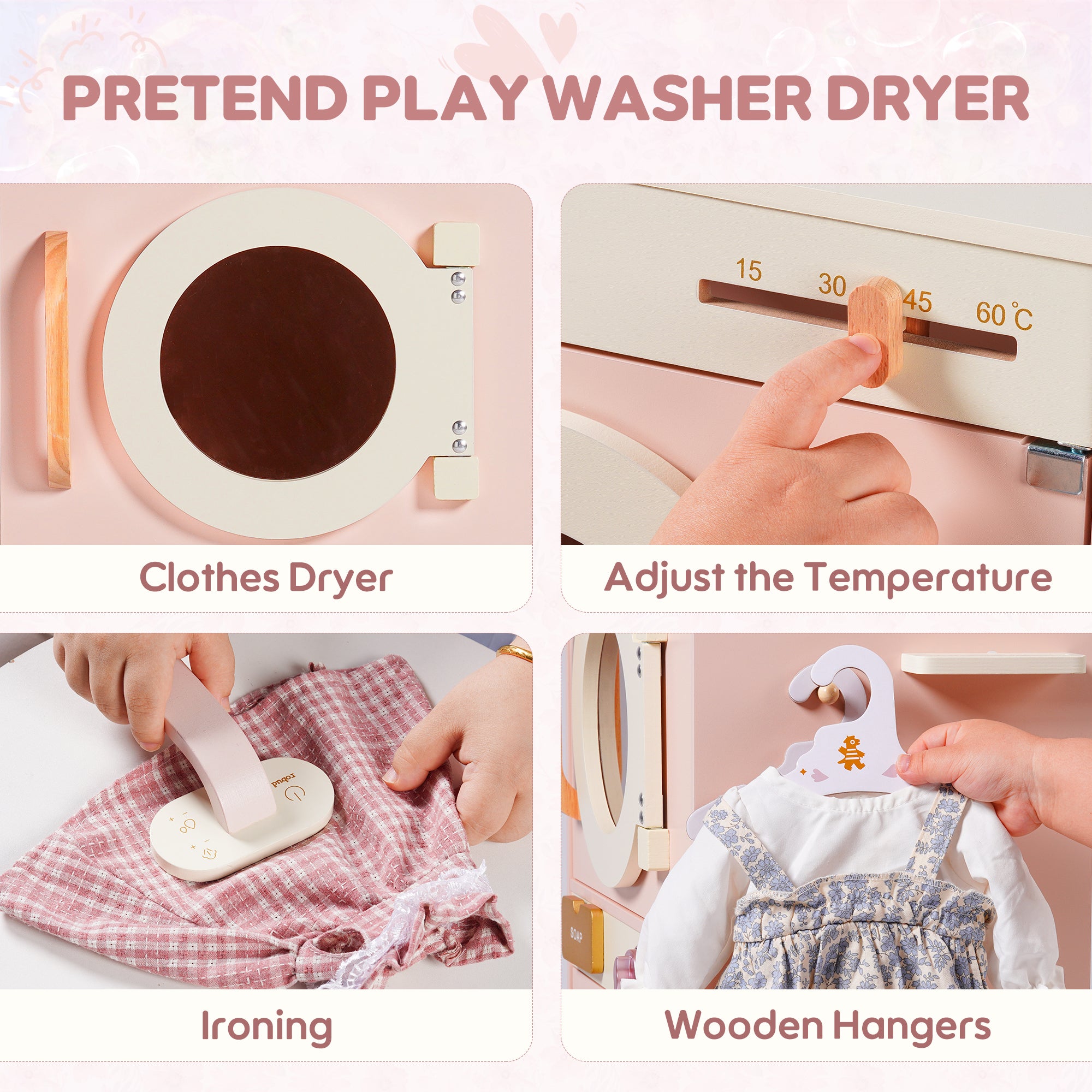 Wooden Pink Washing Machine with Dryer