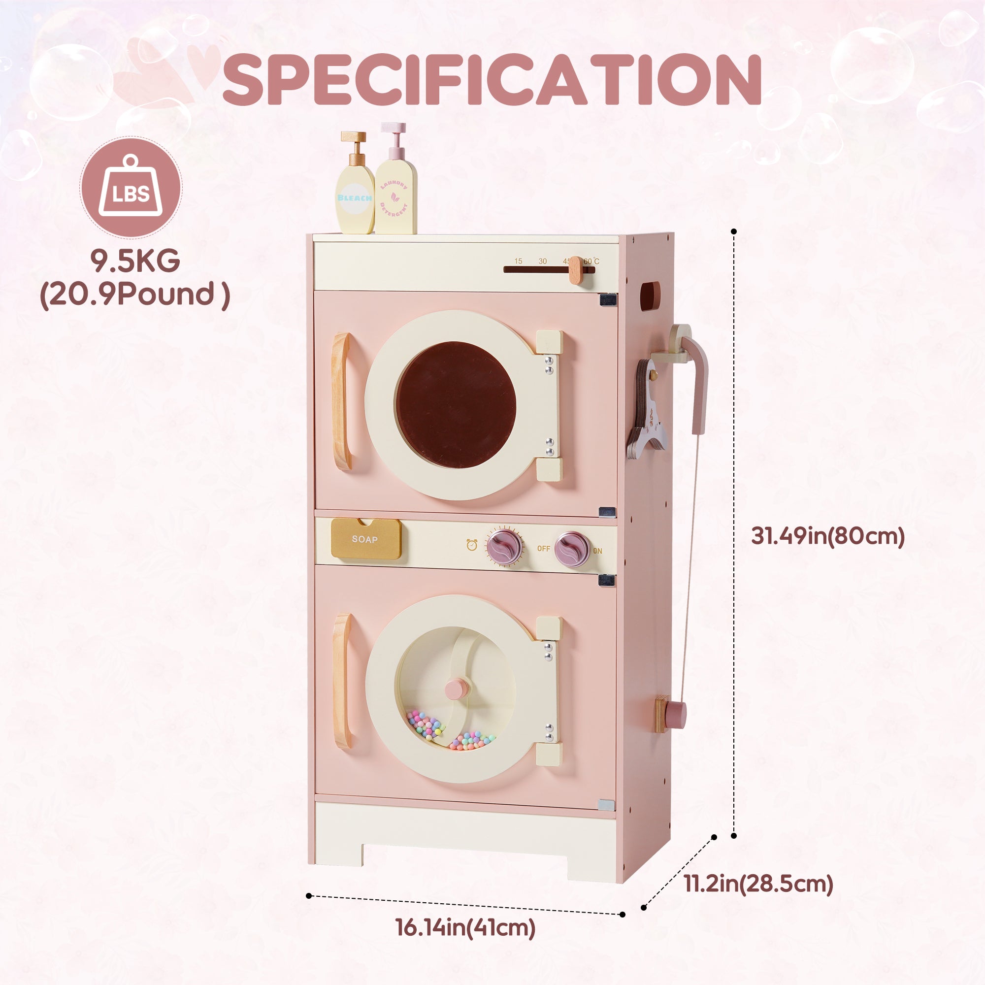 Wooden Pink Washing Machine with Dryer