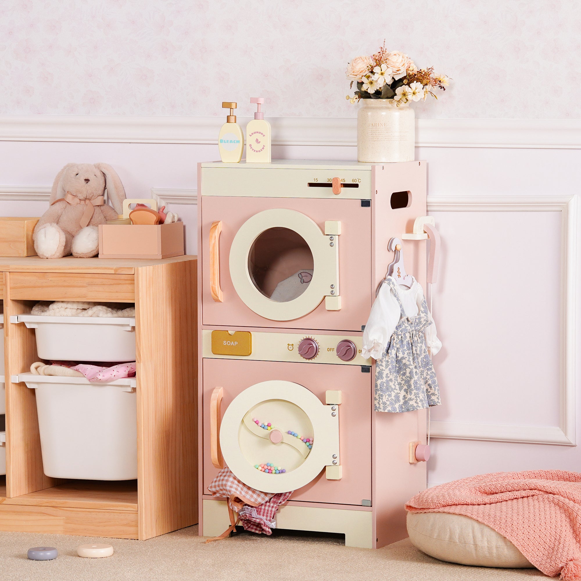 Wooden Pink Washing Machine with Dryer