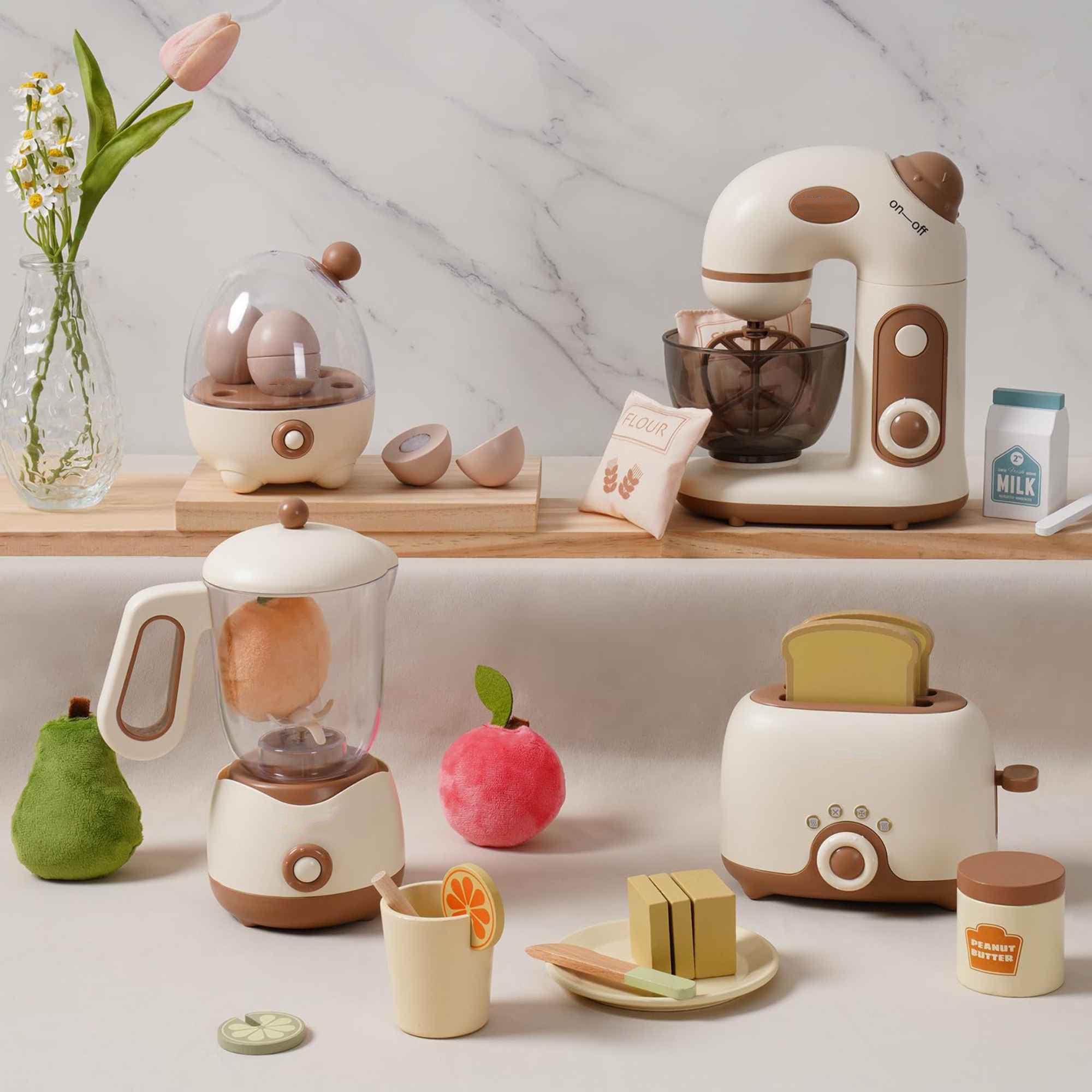 Lunamoa Pretend Play Kitchen Appliances Set – Creamy 4-Piece