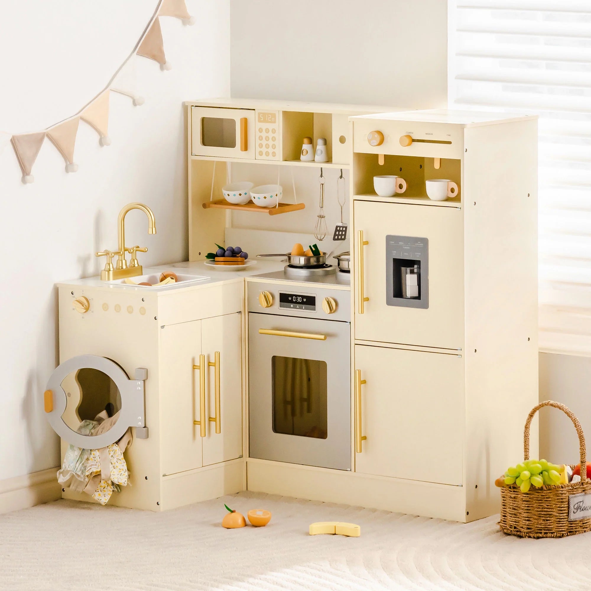 2-in-1 Wooden Corner Play Kitchen Set for Kids