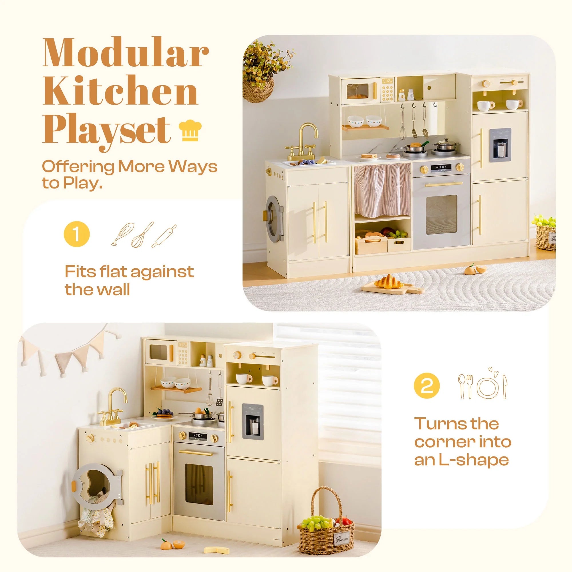 2-in-1 Wooden Corner Play Kitchen Set for Kids
