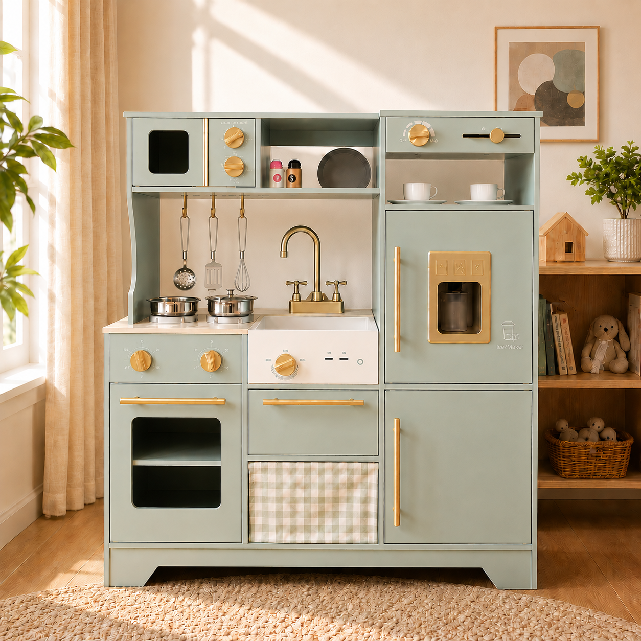 Wooden Play Kitchen Set – Sage Green with Accessories
