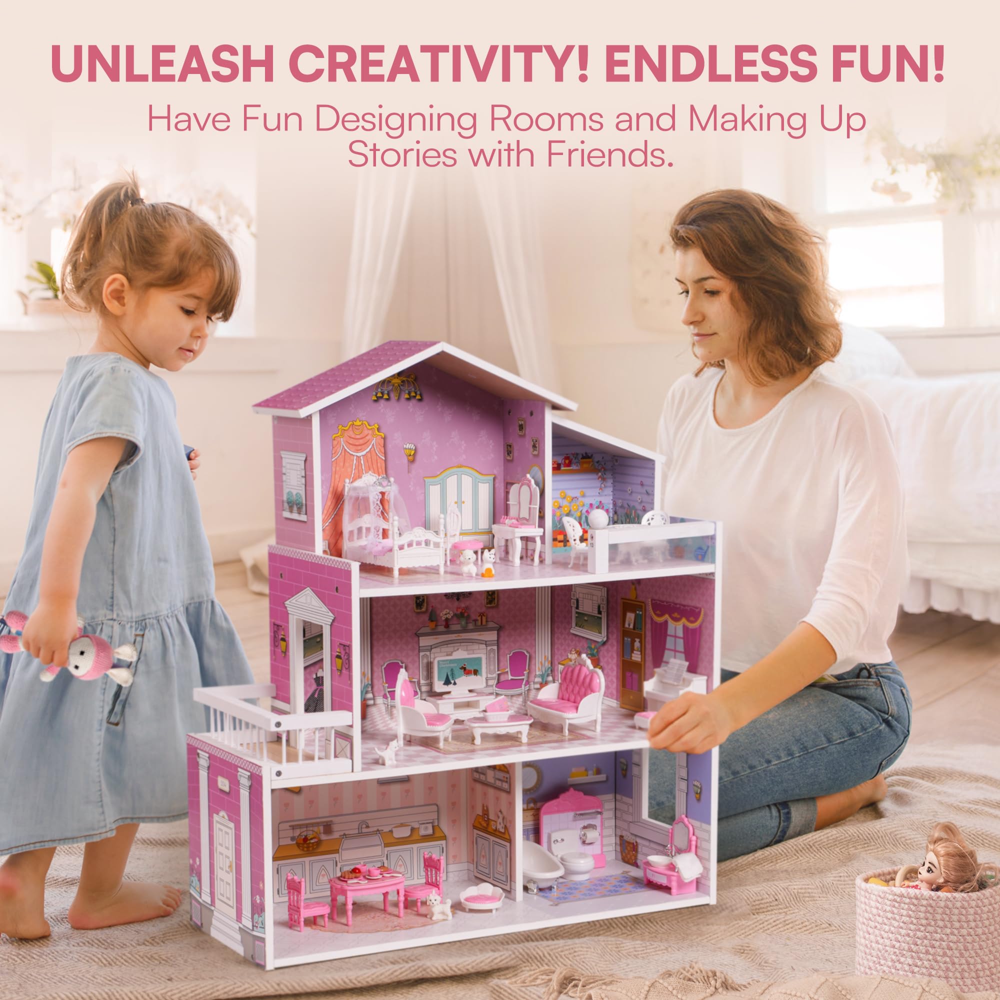 Maison de poupée en bois pour enfants avec 24 meubles préscolaires