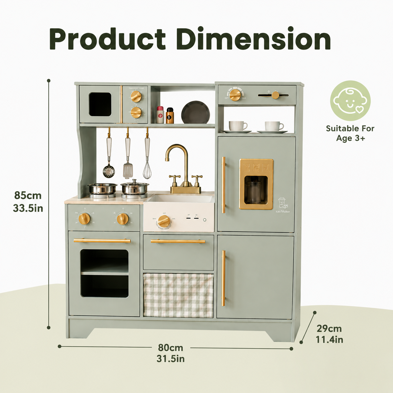 Wooden Play Kitchen Set – Sage Green with Accessories