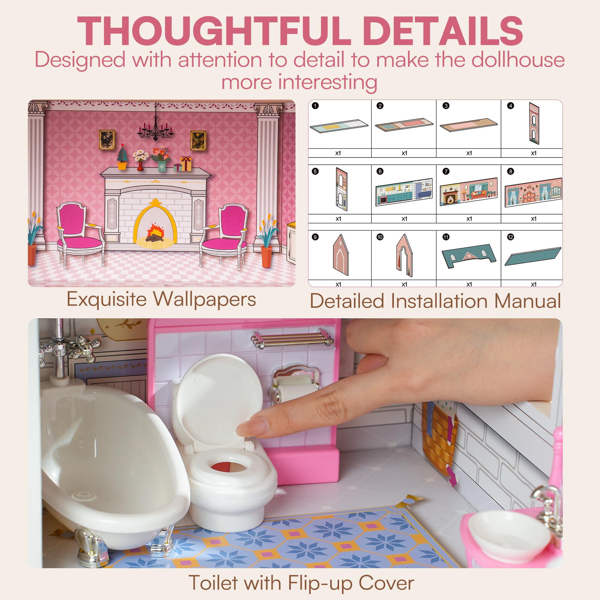 Maison de poupée en bois pour enfants avec 24 meubles préscolaires