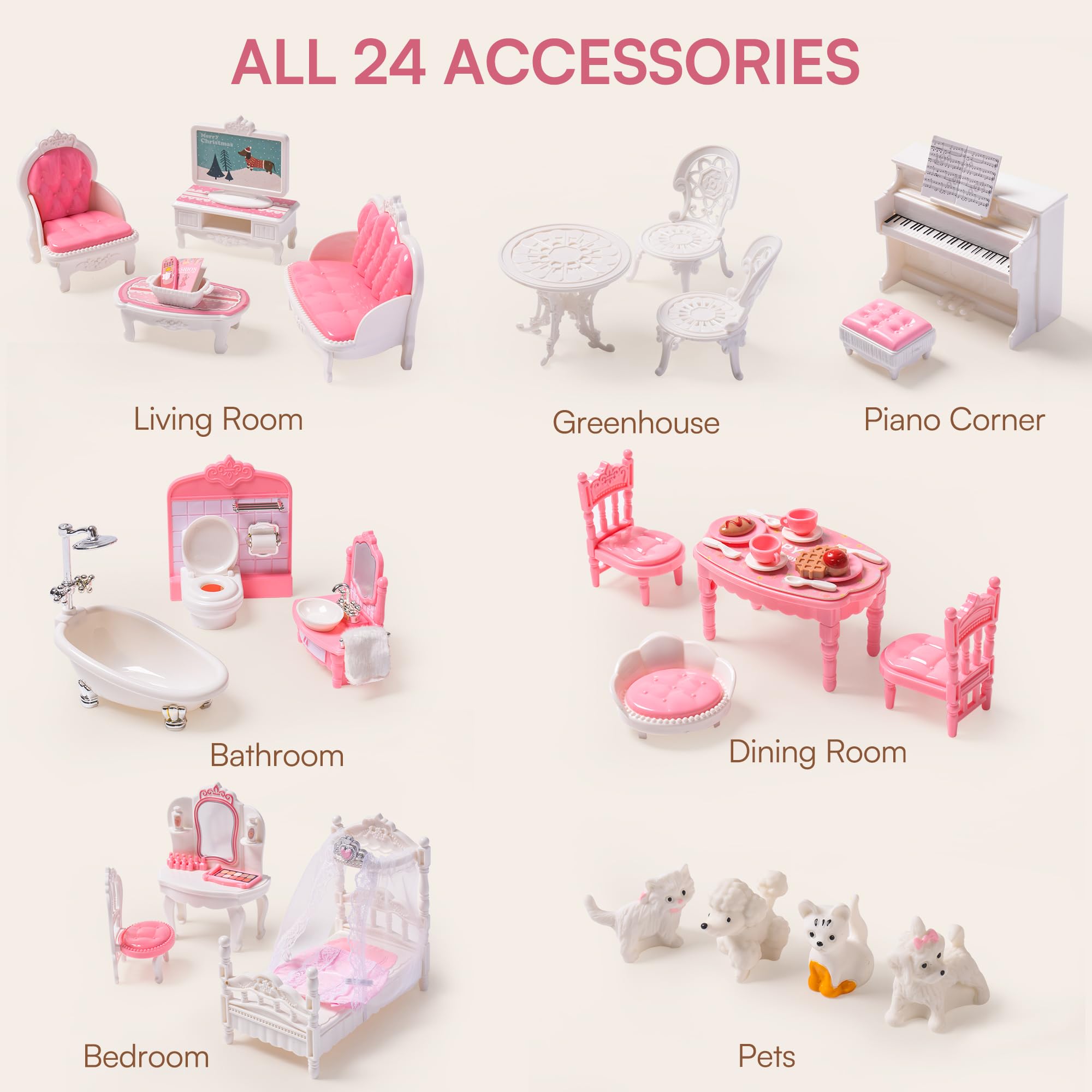 Maison de poupée en bois pour enfants avec 24 meubles préscolaires