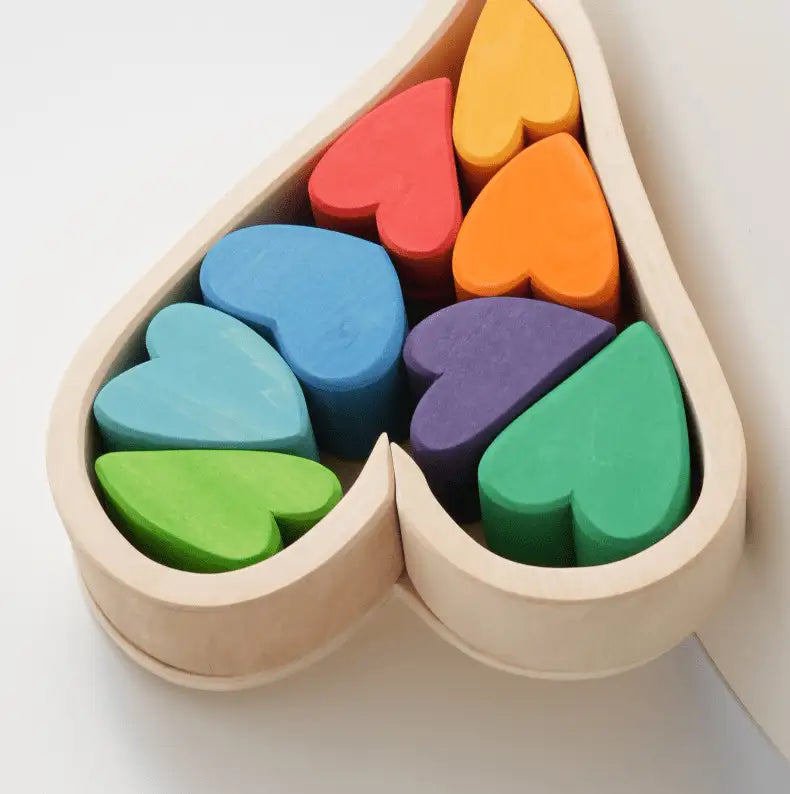 Montessori Dyed Linden Wood Macaron Heart Blocks