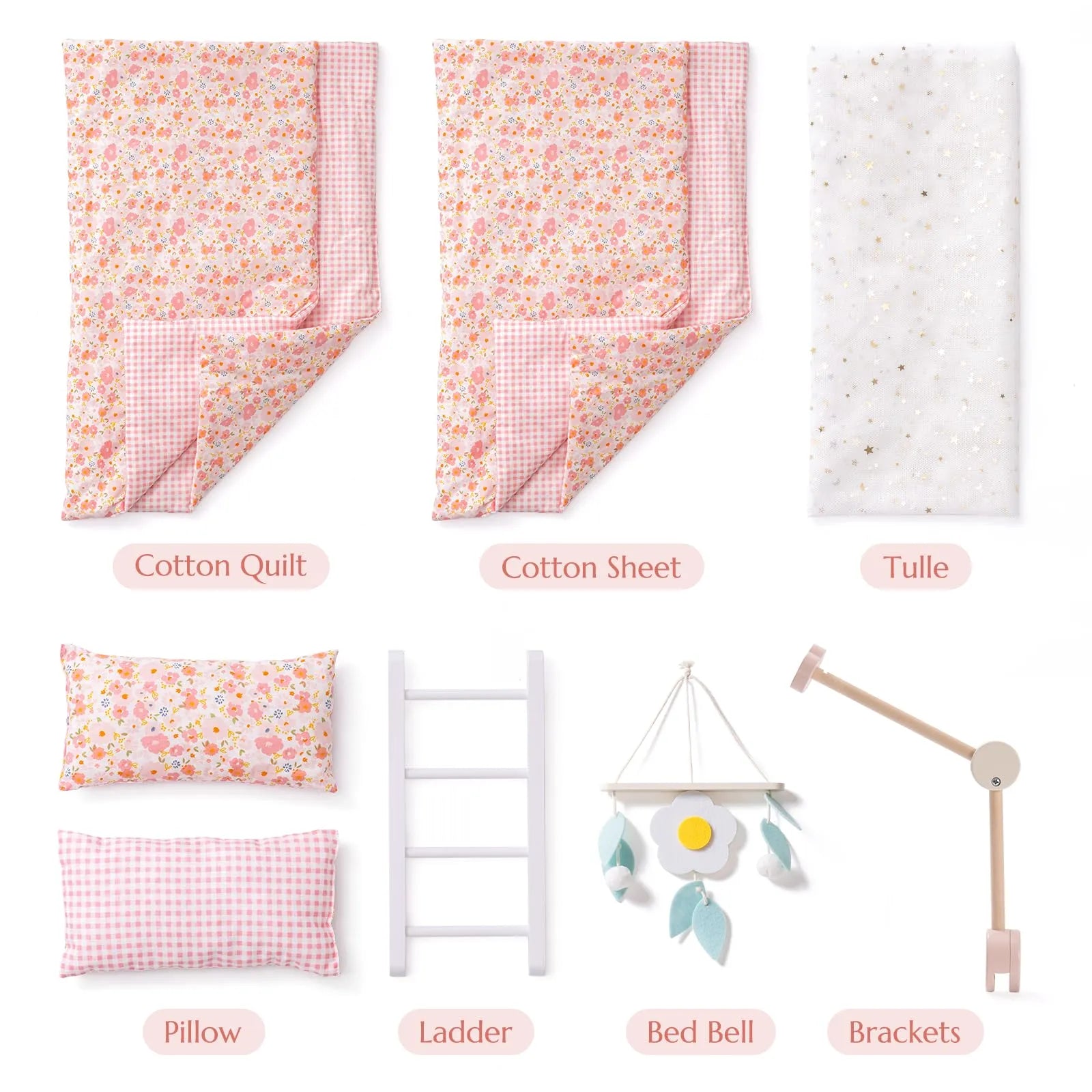 Wooden Baby Doll Crib – Pink with Bedding
