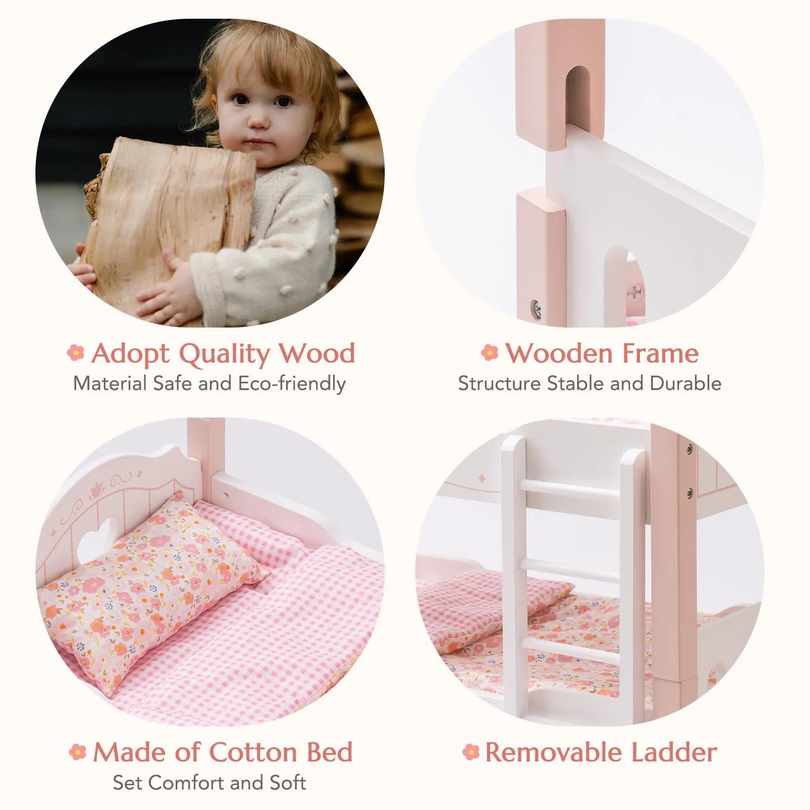Wooden Baby Doll Crib – Pink with Bedding
