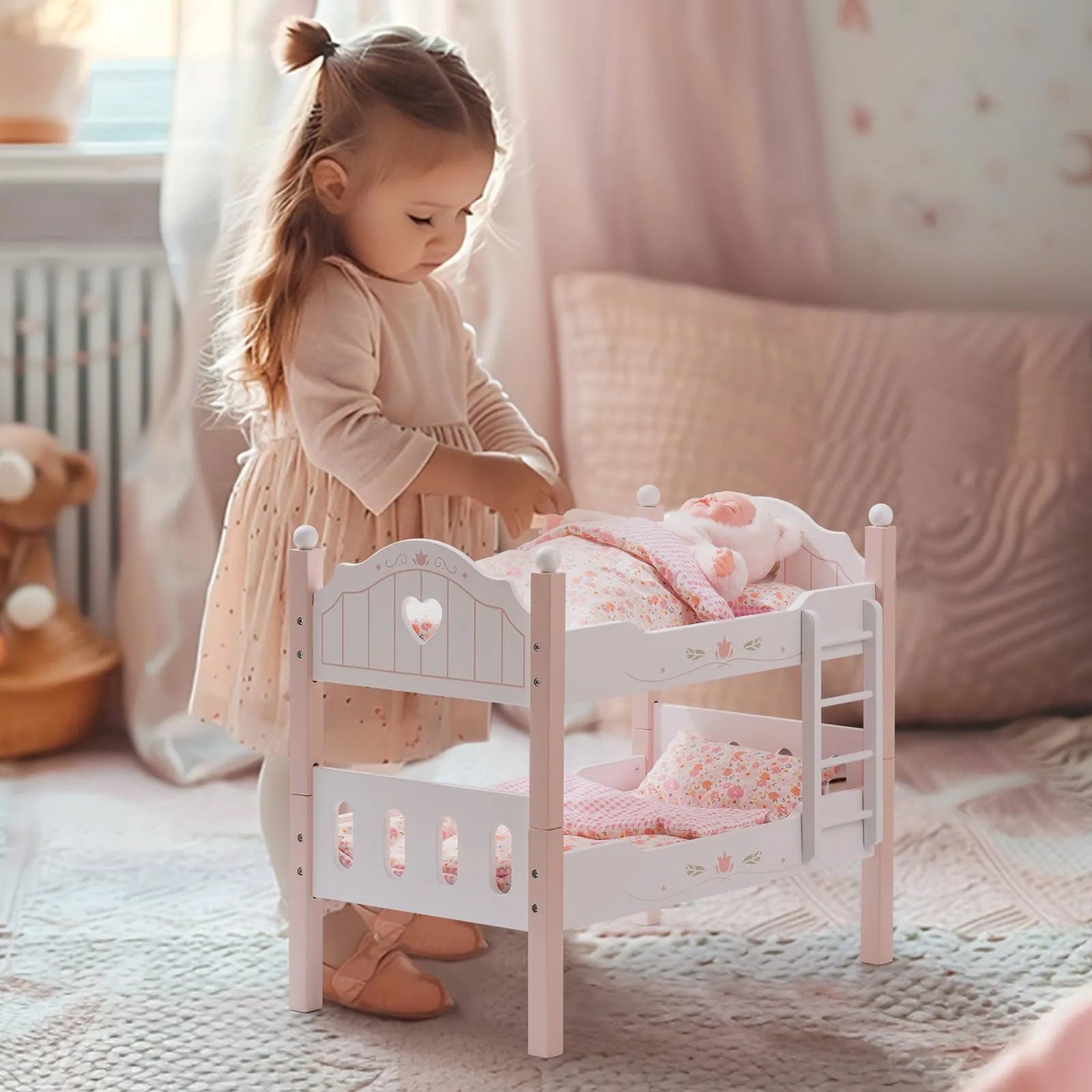 Wooden Baby Doll Crib – Pink with Bedding