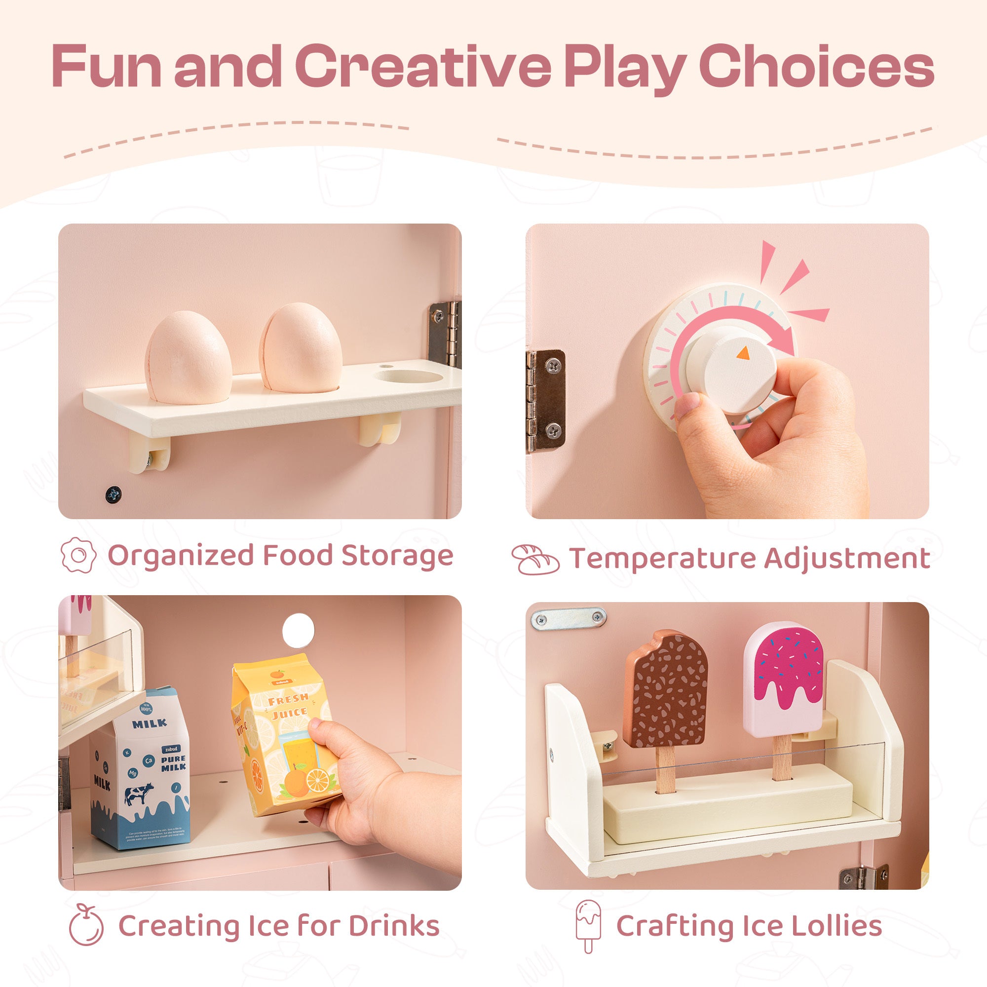 Wooden Pink Toy Refrigerator for Kids