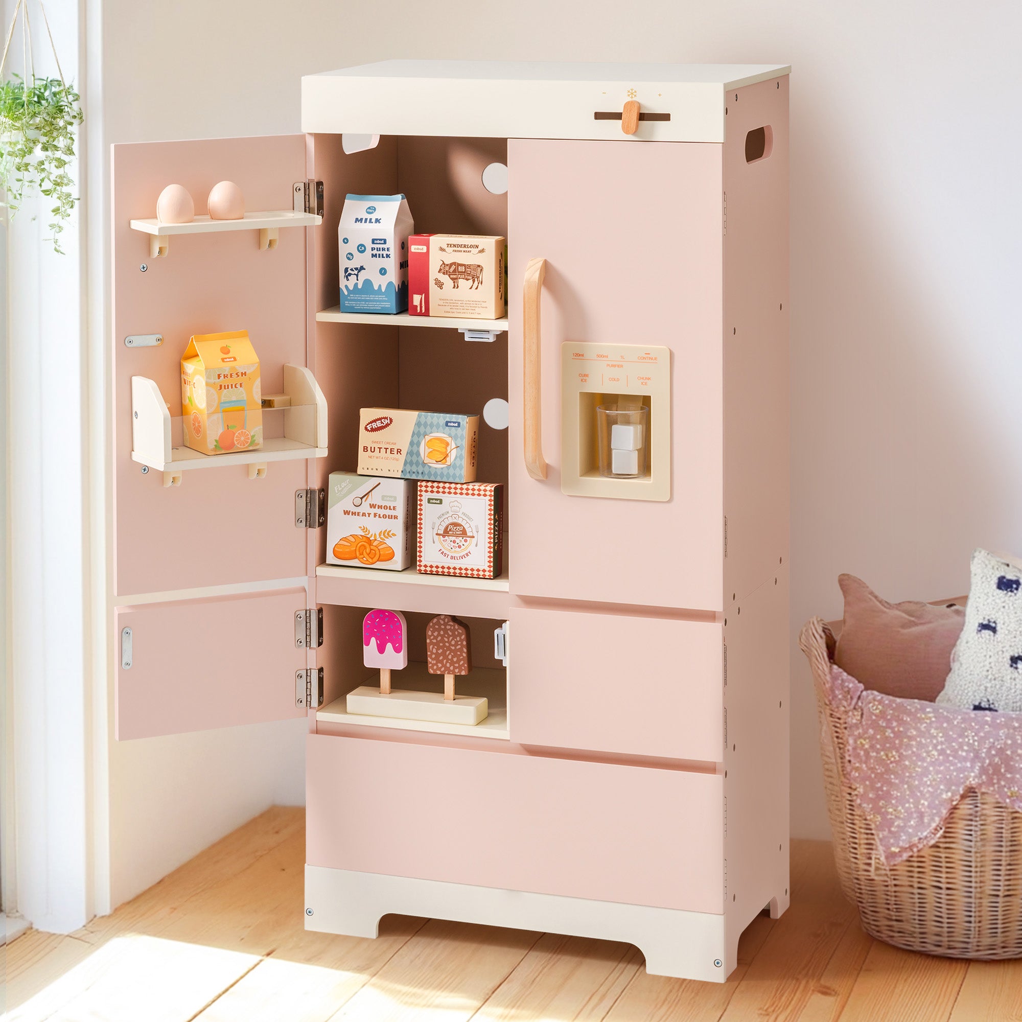 Wooden Pink Toy Refrigerator for Kids