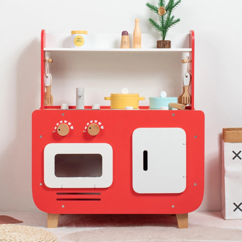 Red Wooden Double-Sided Play Kitchen Set - Lunamoa