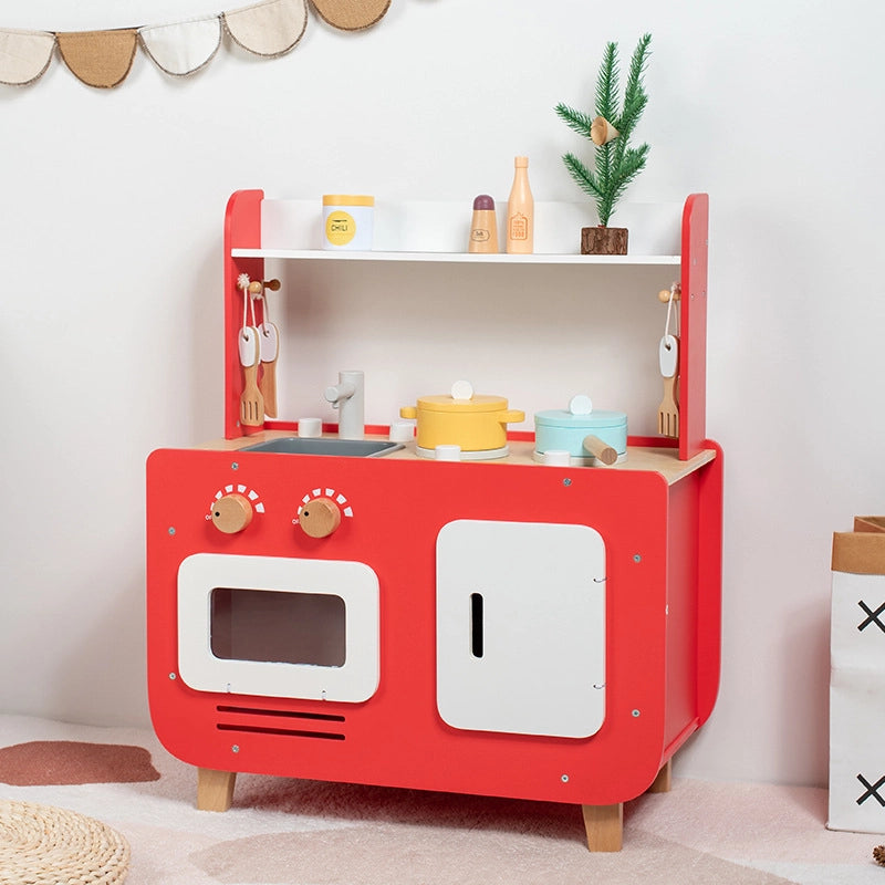 Red Wooden Double-Sided Play Kitchen Set - Lunamoa
