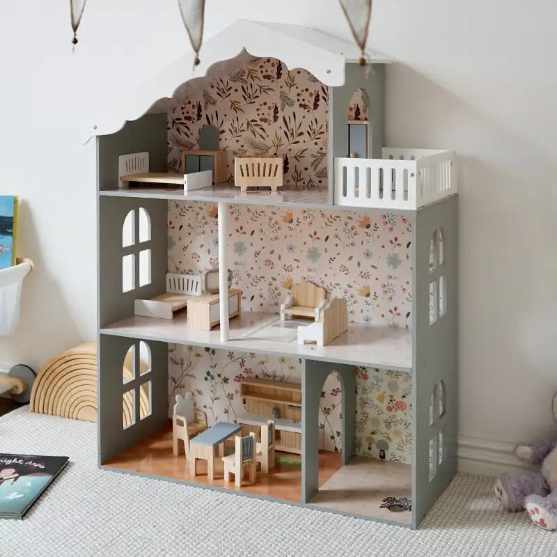 Maison de poupée en bois de style nordique avec lumières