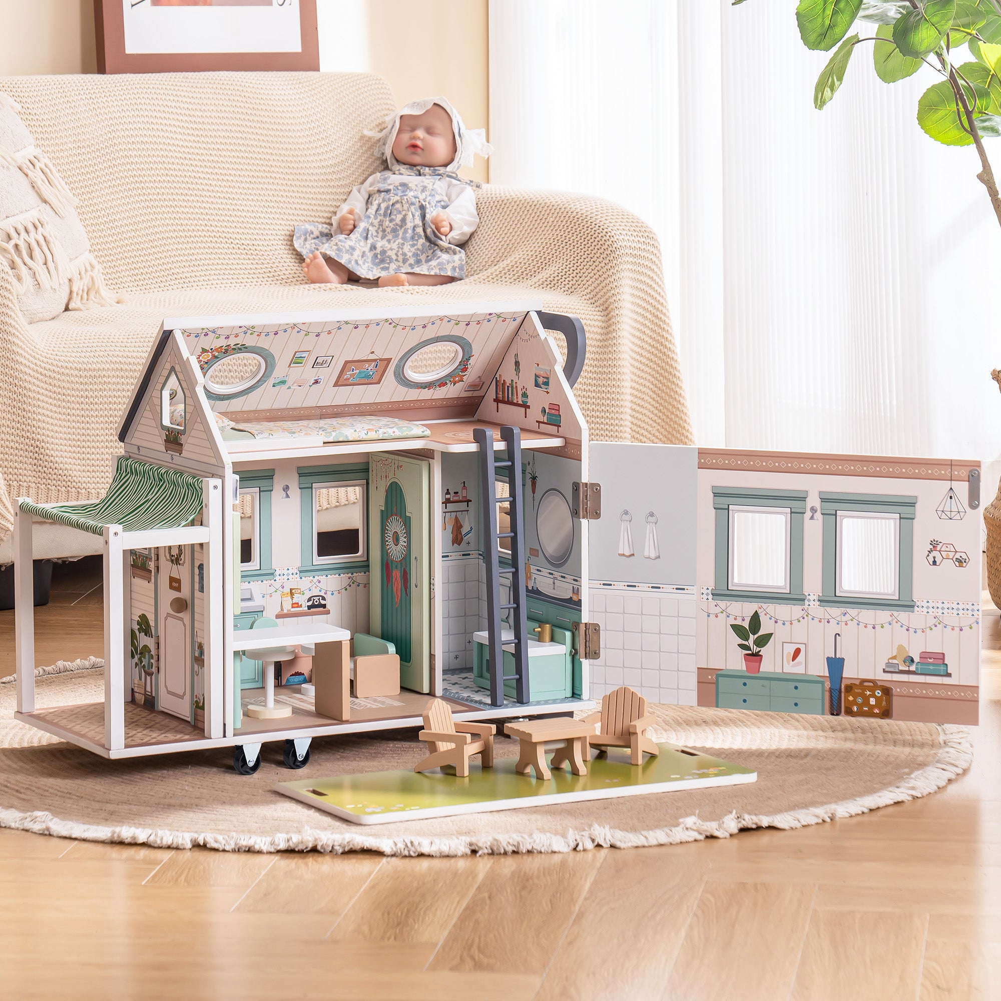 Lunamoa Wooden Realistic Camper Van Dollhouse